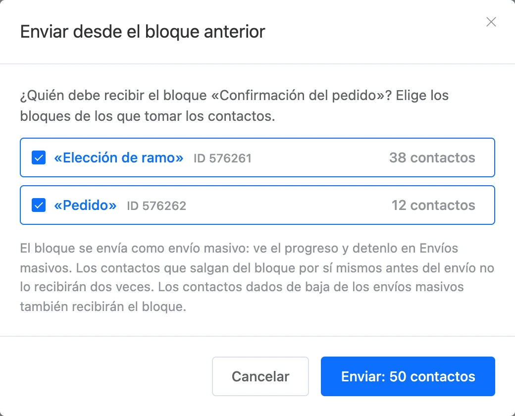 La ventana «Enviar desde el bloque anterior»: los bloques previos al elegido y el número de contactos en cada uno