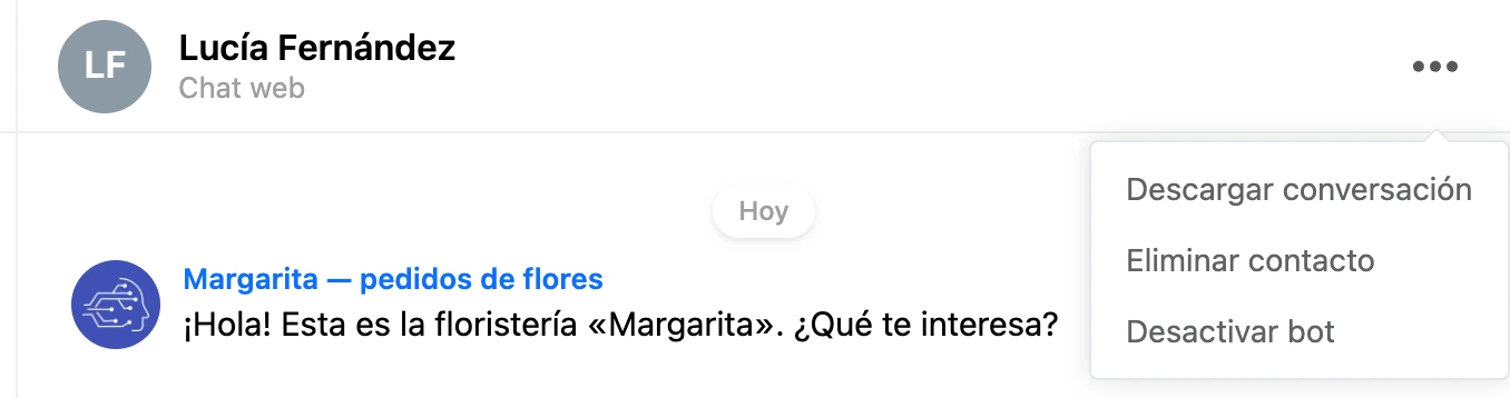 El menú «⋯» del encabezado de la conversación: descargar conversación, eliminar contacto, desactivar bot