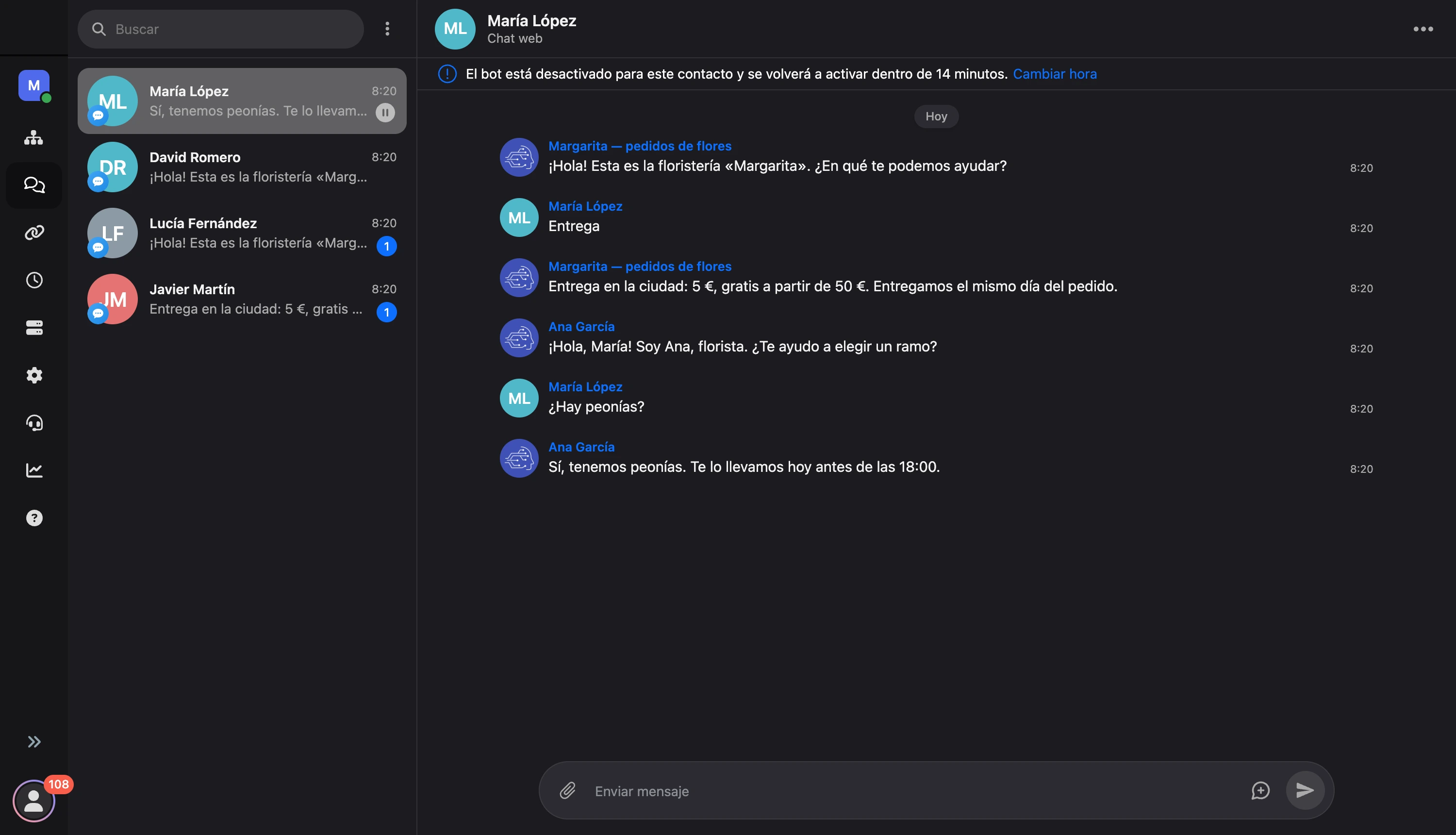 Sección Mensajes: lista de conversaciones, conversación y ficha del contacto