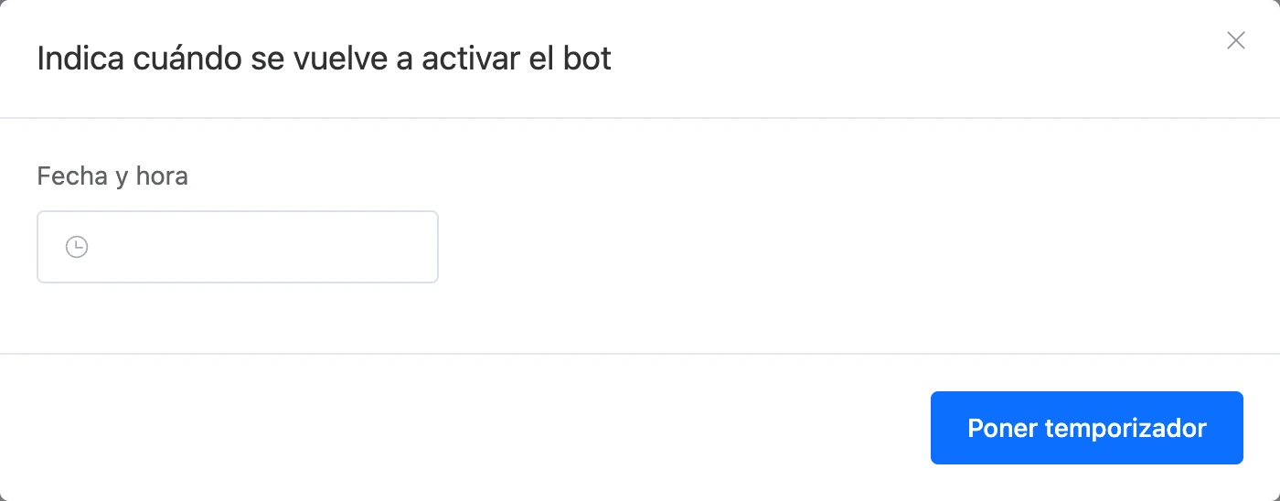 La ventana para indicar cuándo se vuelve a activar el bot, con el campo «Fecha y hora»