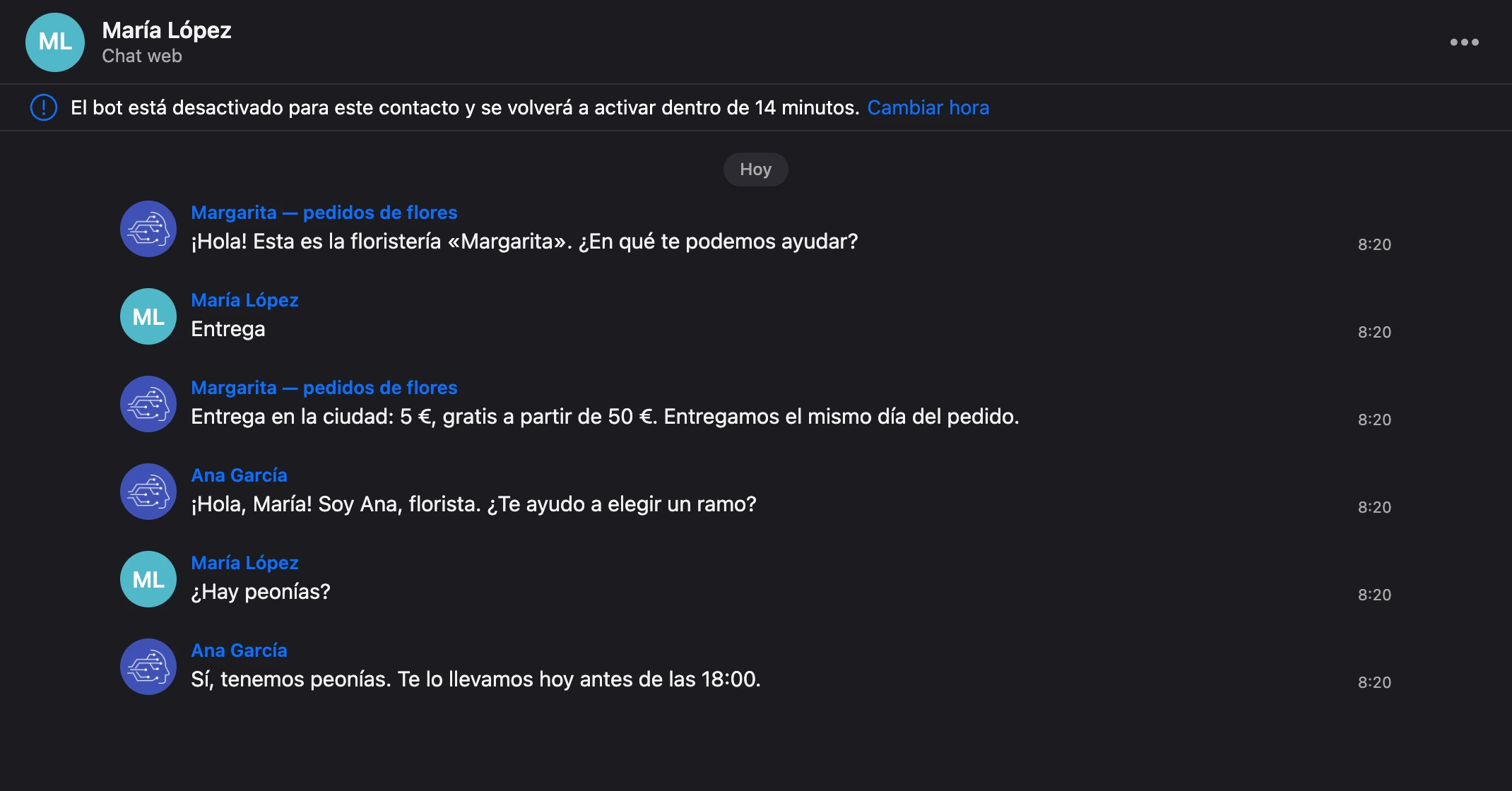 Aviso de pausa encima de la conversación: el bot está desactivado para el contacto, con un enlace para cambiar la hora