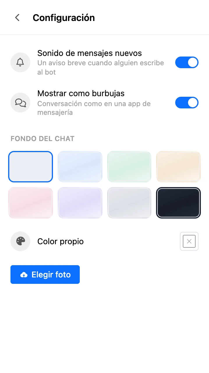 Configuración de la sección: sonido, vista de la conversación y fondo