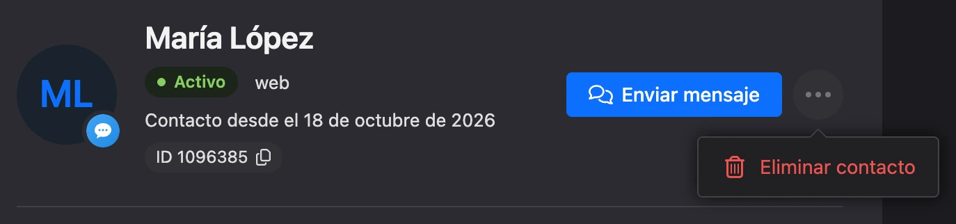 El encabezado de la ficha con el menú «⋯» y el elemento «Eliminar contacto»