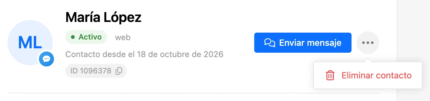El encabezado de la ficha con el menú «⋯» y el elemento «Eliminar contacto»