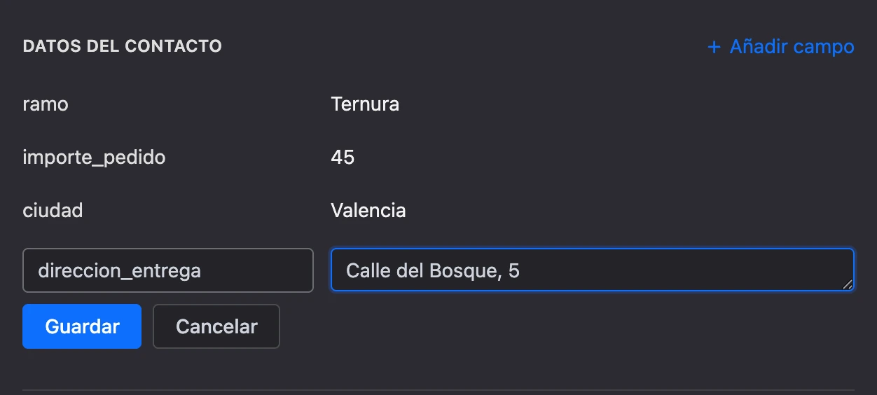 La sección «Datos del contacto»: variables y un campo nuevo con nombre y valor