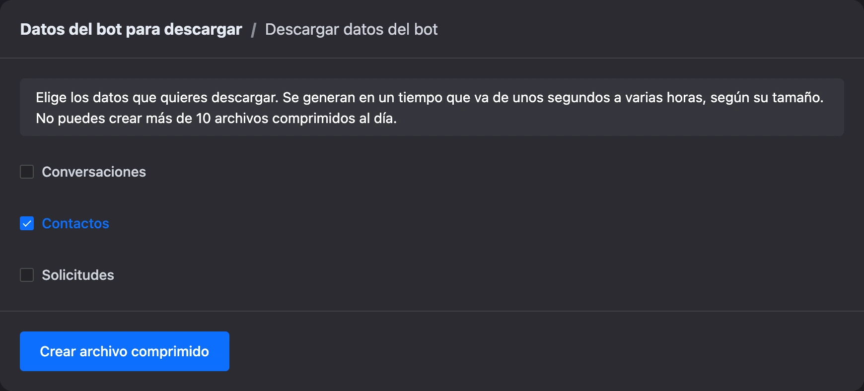 La página «Descargar datos del bot» con «Contactos» seleccionado