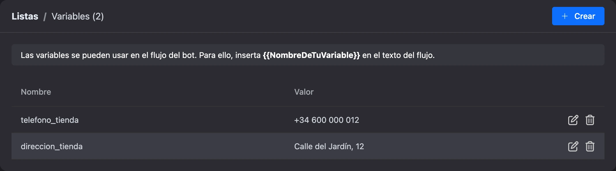 Página de variables globales del bot