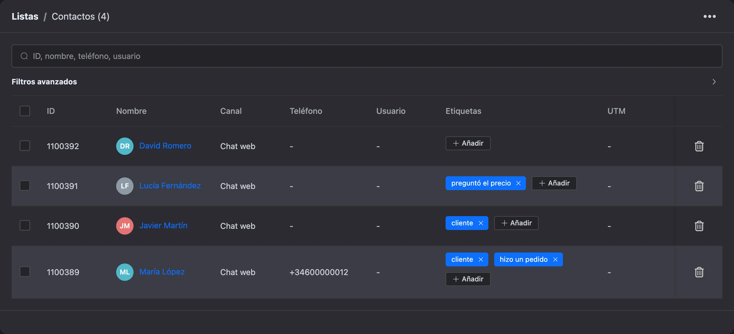 Lista de contactos del bot: búsqueda, filtros avanzados y la tabla de contactos con etiquetas