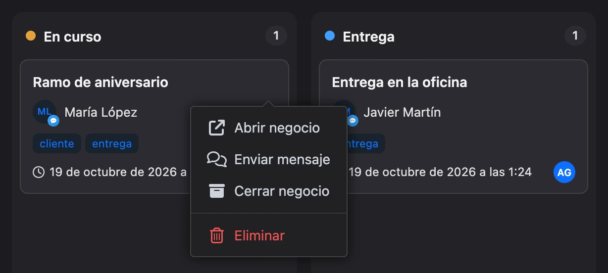 El menú ⋯ de la tarjeta de un negocio