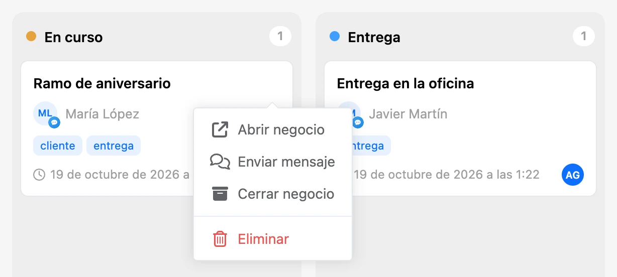 El menú ⋯ de la tarjeta de un negocio