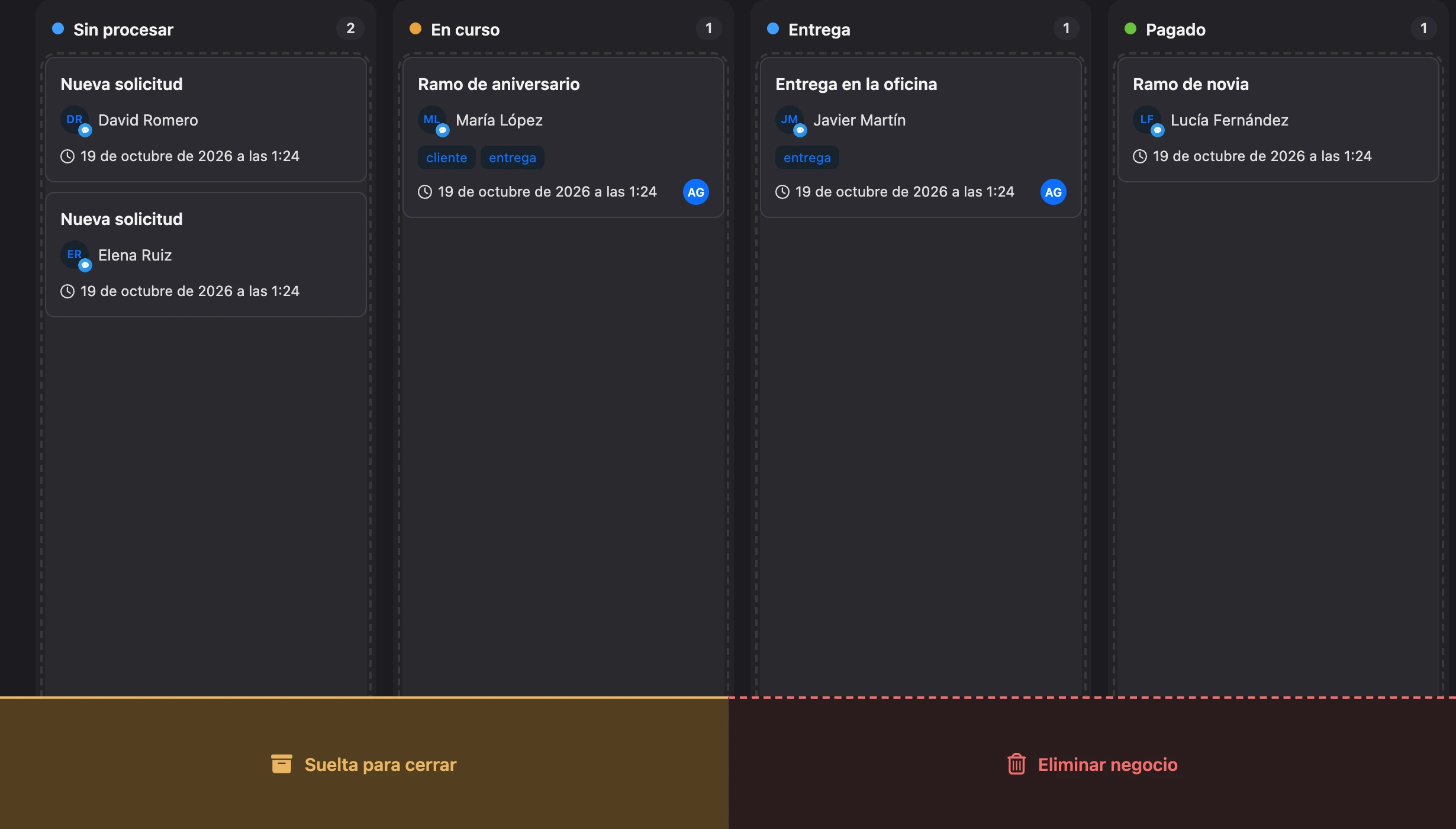 Al arrastrar, en la parte inferior del tablero aparecen las zonas Cerrar negocio y Eliminar negocio