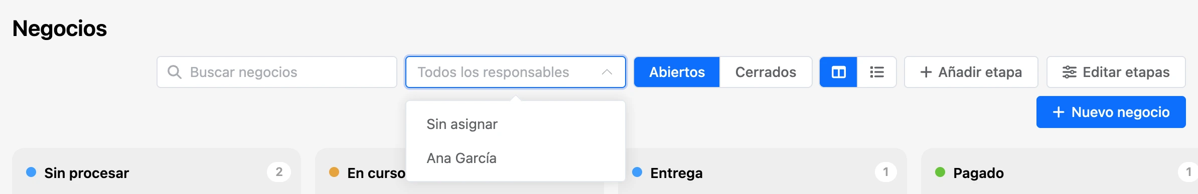 La búsqueda de negocios y el filtro de responsable encima del tablero
