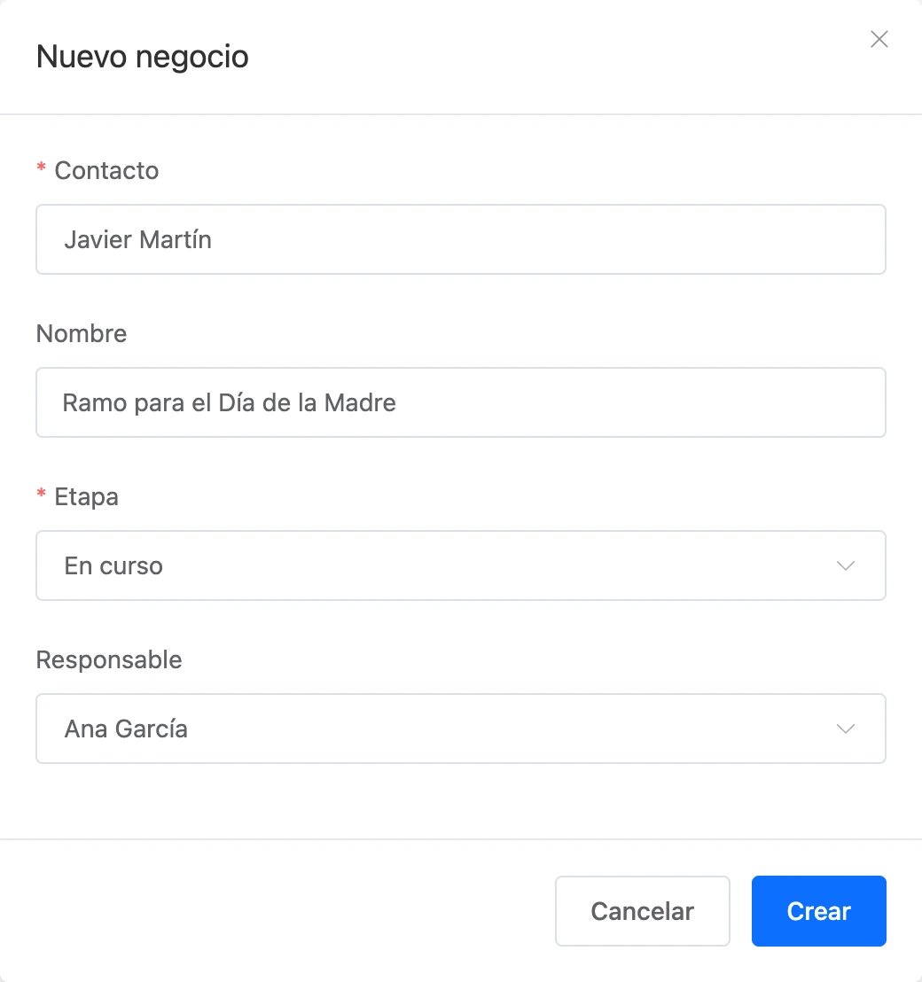 La ventana Nuevo negocio: contacto, nombre, etapa y responsable