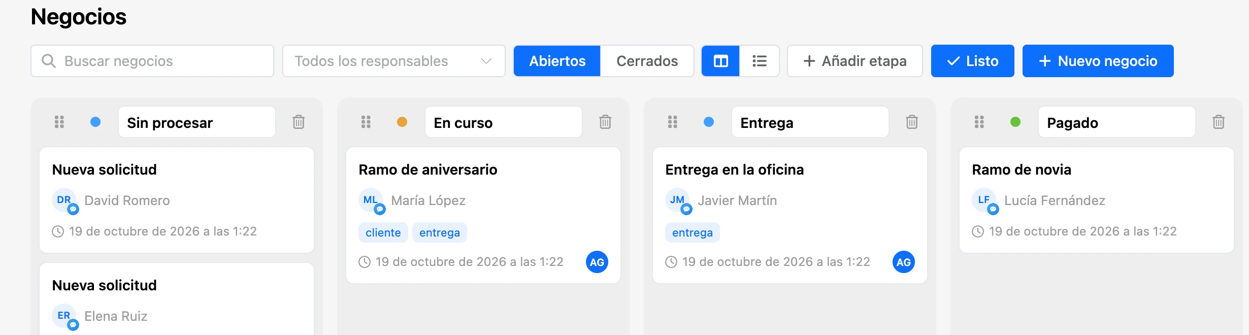Configuración de etapas: asa para arrastrar, color, nombre y eliminación en los encabezados de las columnas