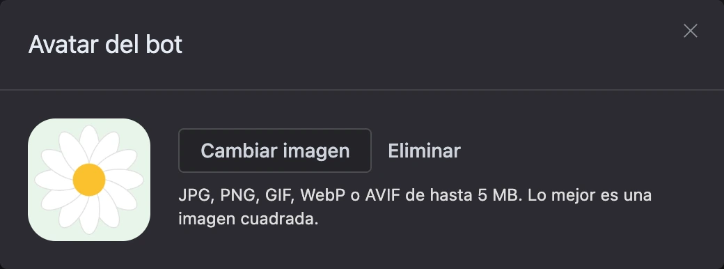 La ventana del avatar del bot: la imagen con los botones Cambiar imagen y Eliminar