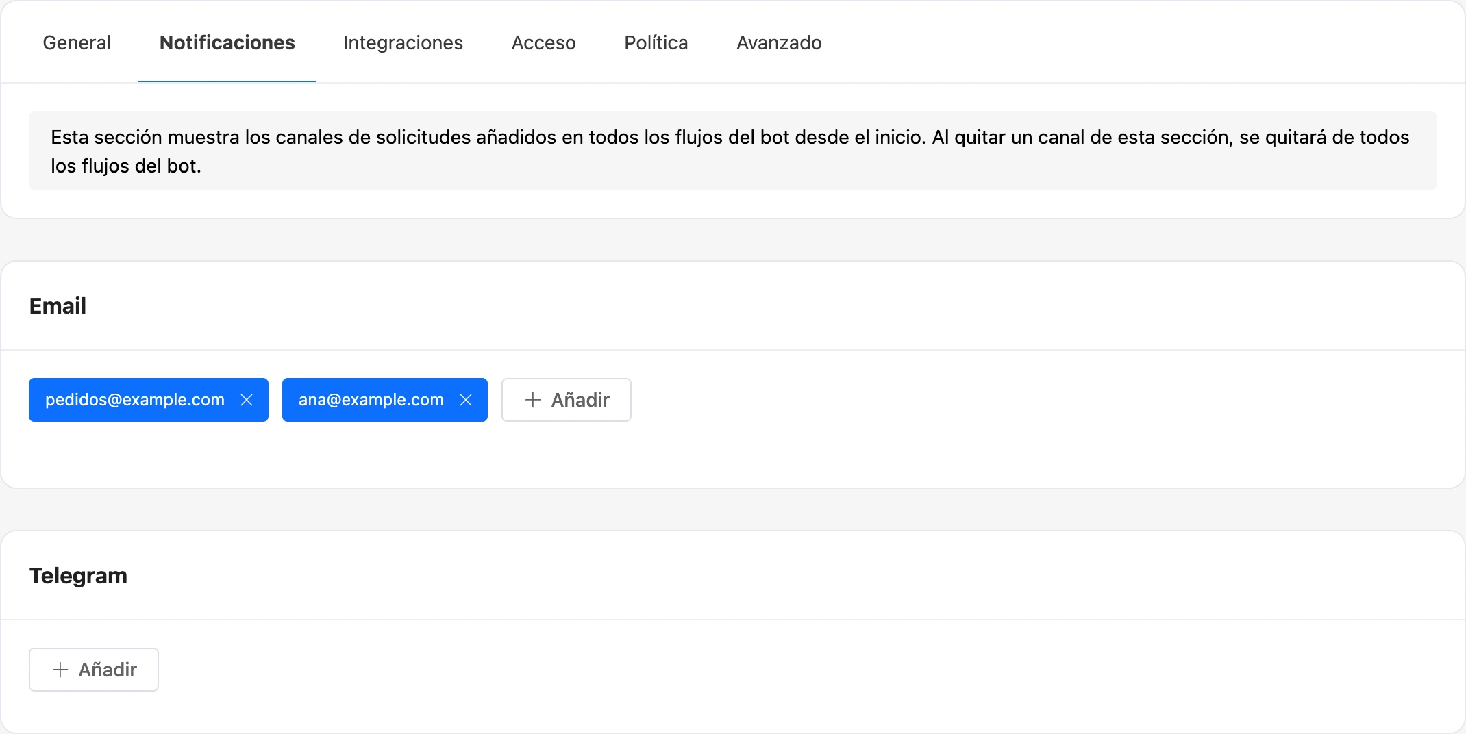 La pestaña «Notificaciones»: direcciones de email y la tarjeta de chats de apps de mensajería