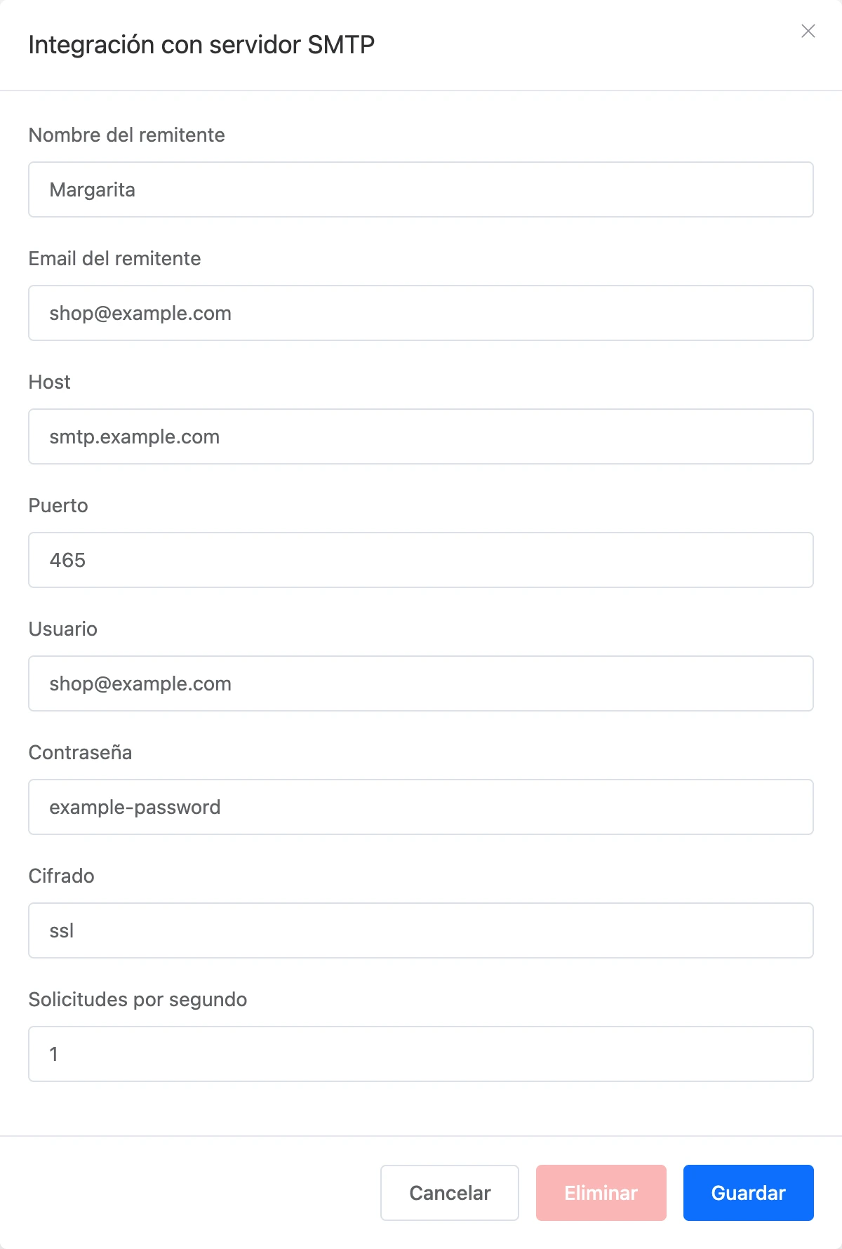 La ventana de la integración con el servidor SMTP