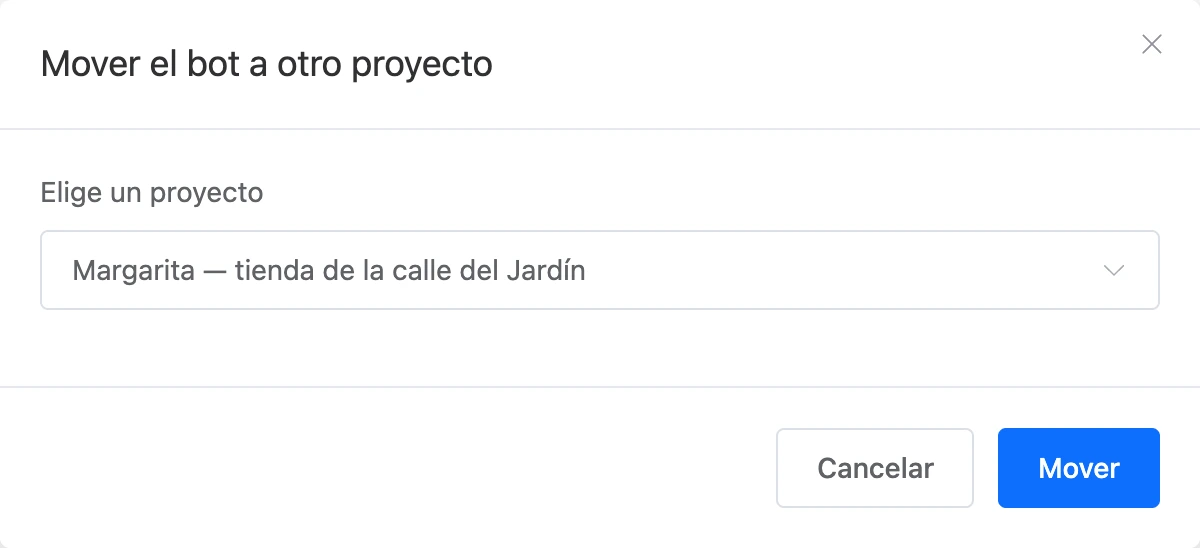 La ventana «Mover el bot a otro proyecto» con un proyecto elegido