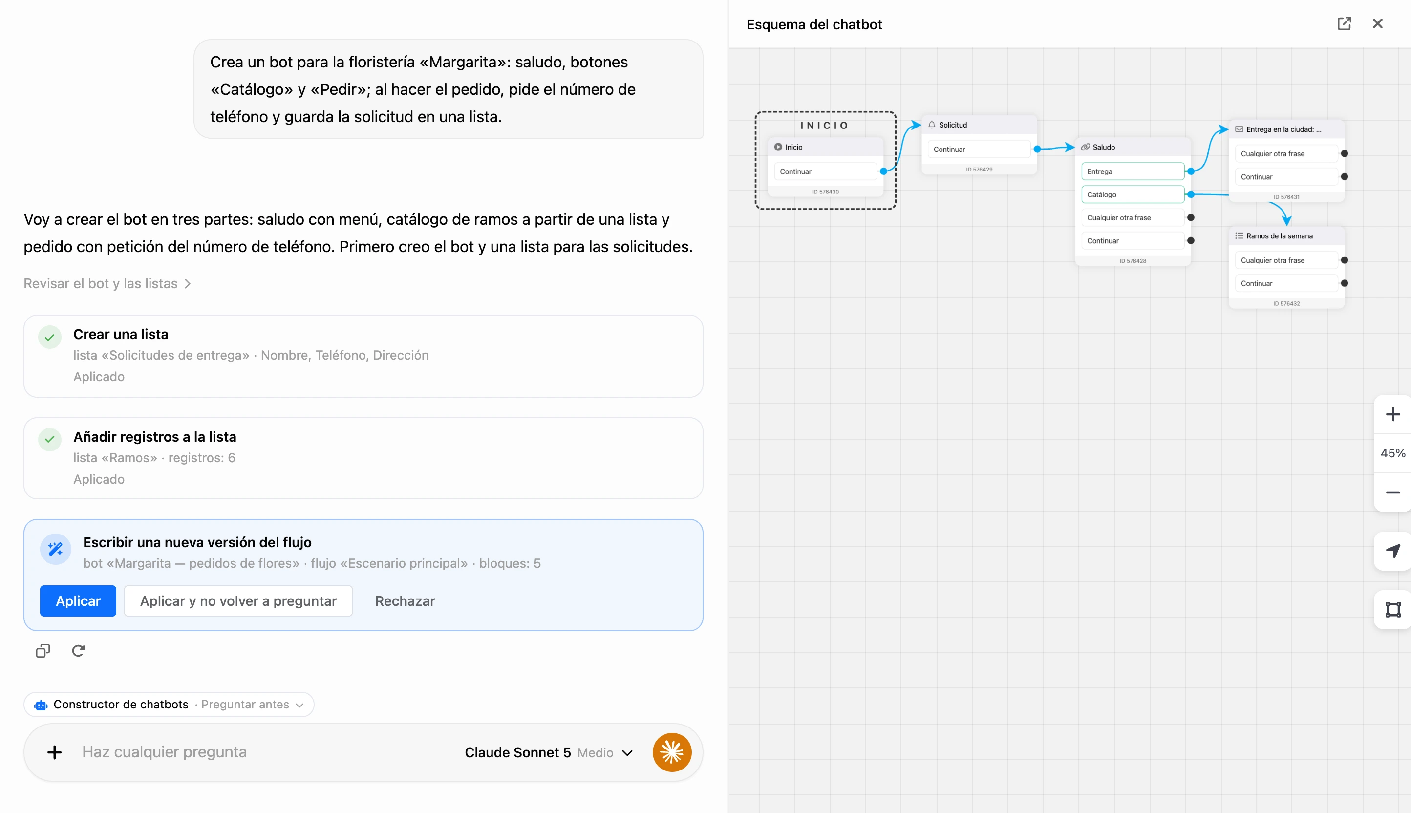 Creación en el chat de IA: tarjetas de cambios con los botones Aplicar y Rechazar, el panel Esquema del chatbot a la derecha