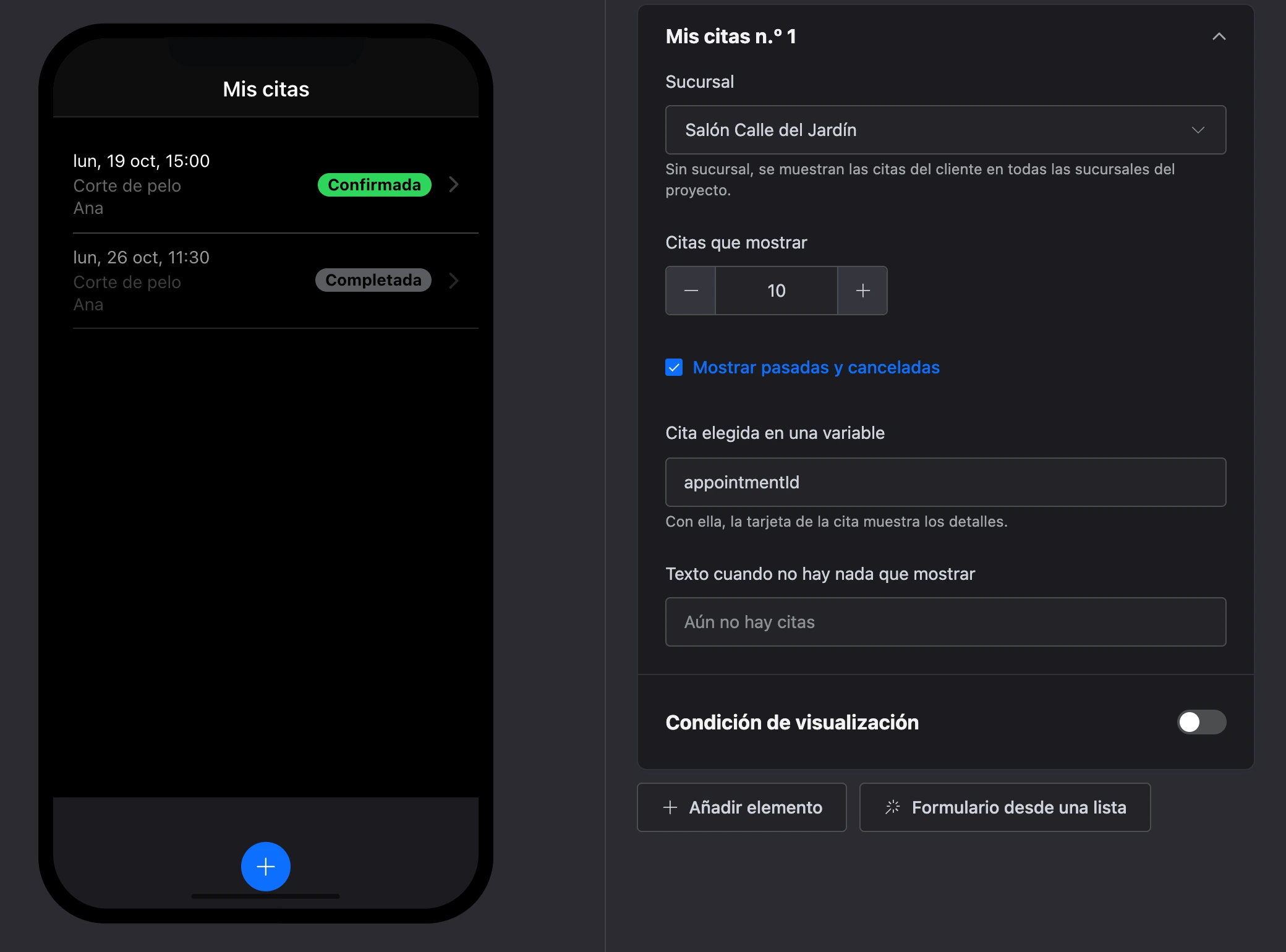 El elemento «Mis citas»: citas de ejemplo y la configuración del elemento