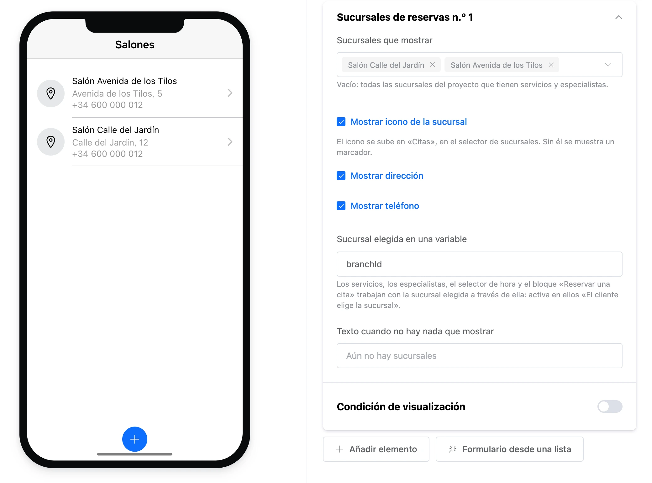 El elemento «Sucursales de reservas»: dos salones con direcciones y teléfonos, y la configuración del elemento