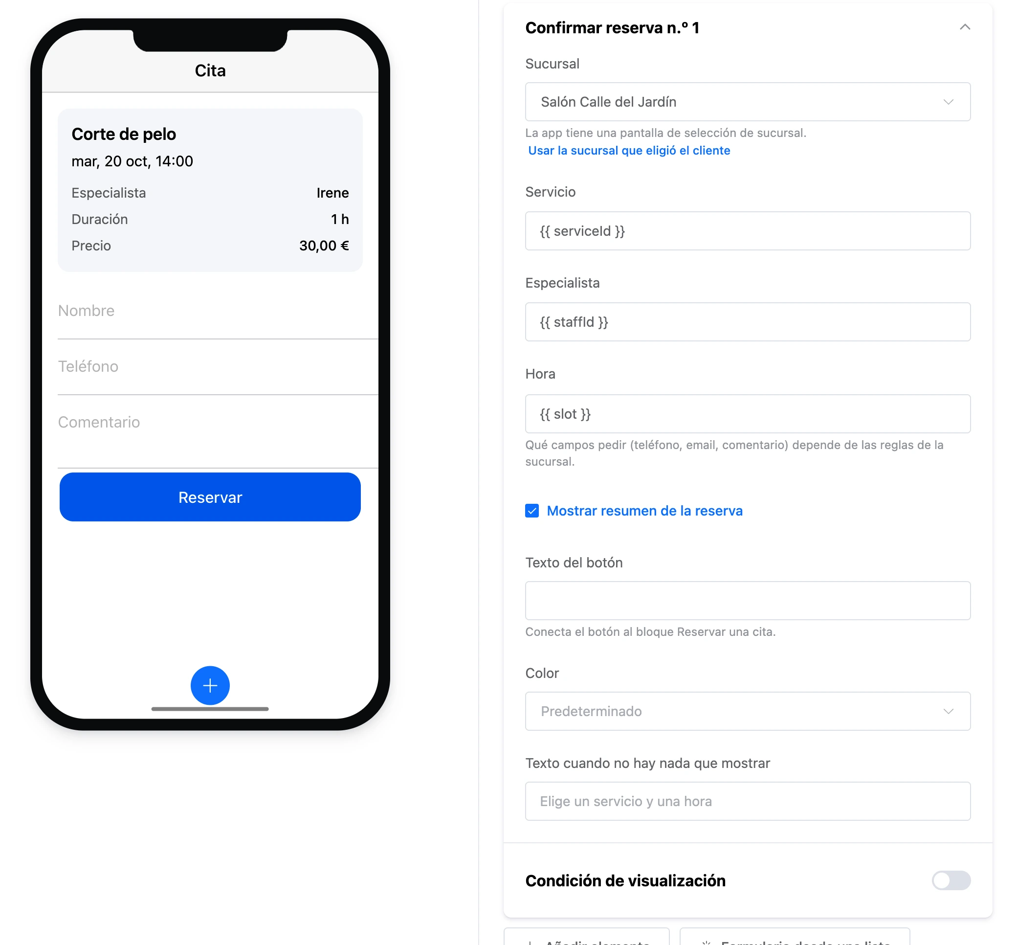 El elemento «Confirmar reserva»: el resumen de la reserva, los campos del cliente y el botón «Reservar», y la configuración del elemento