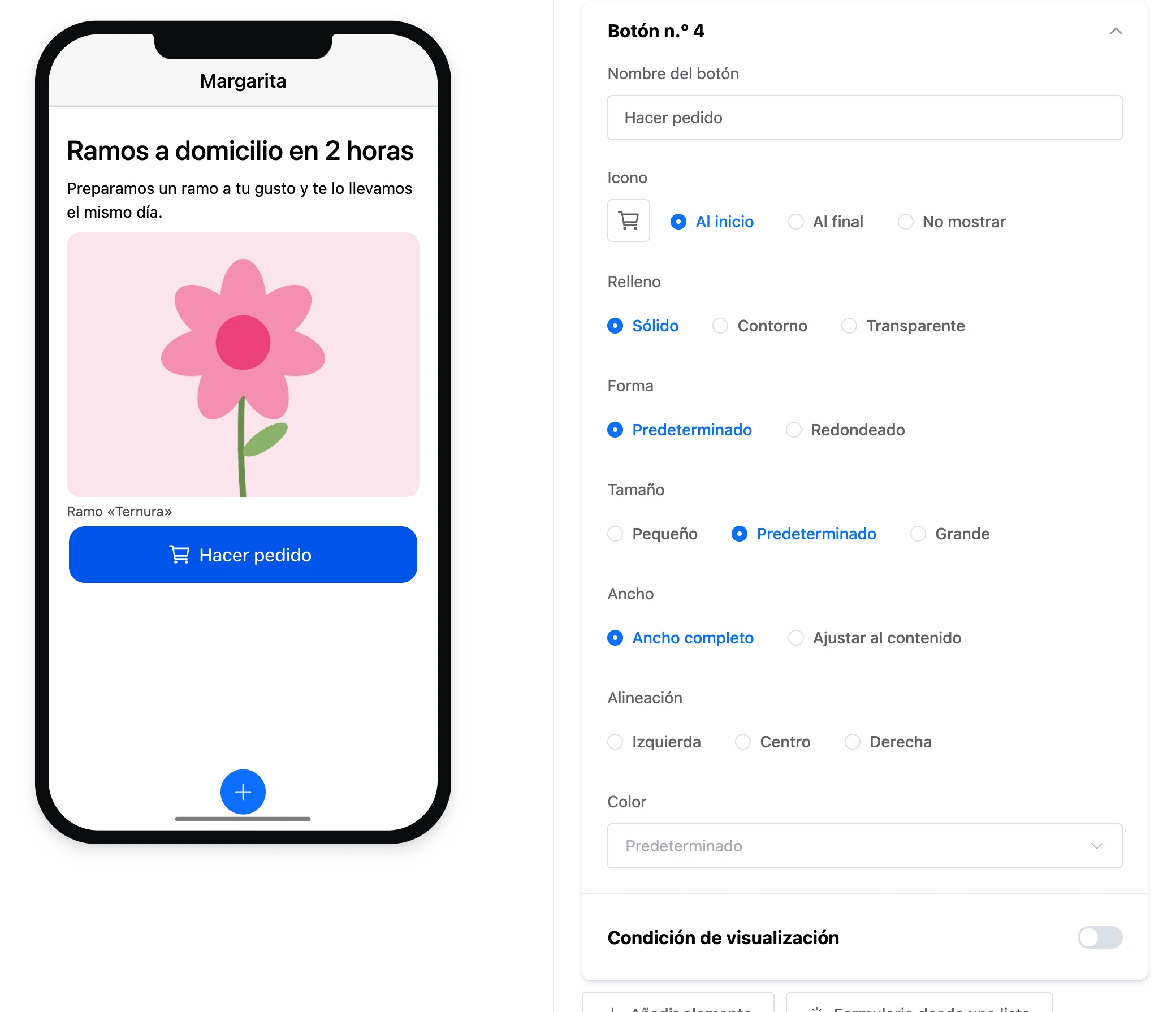 El elemento «Botón»: el botón «Hacer un pedido» con icono y su configuración
