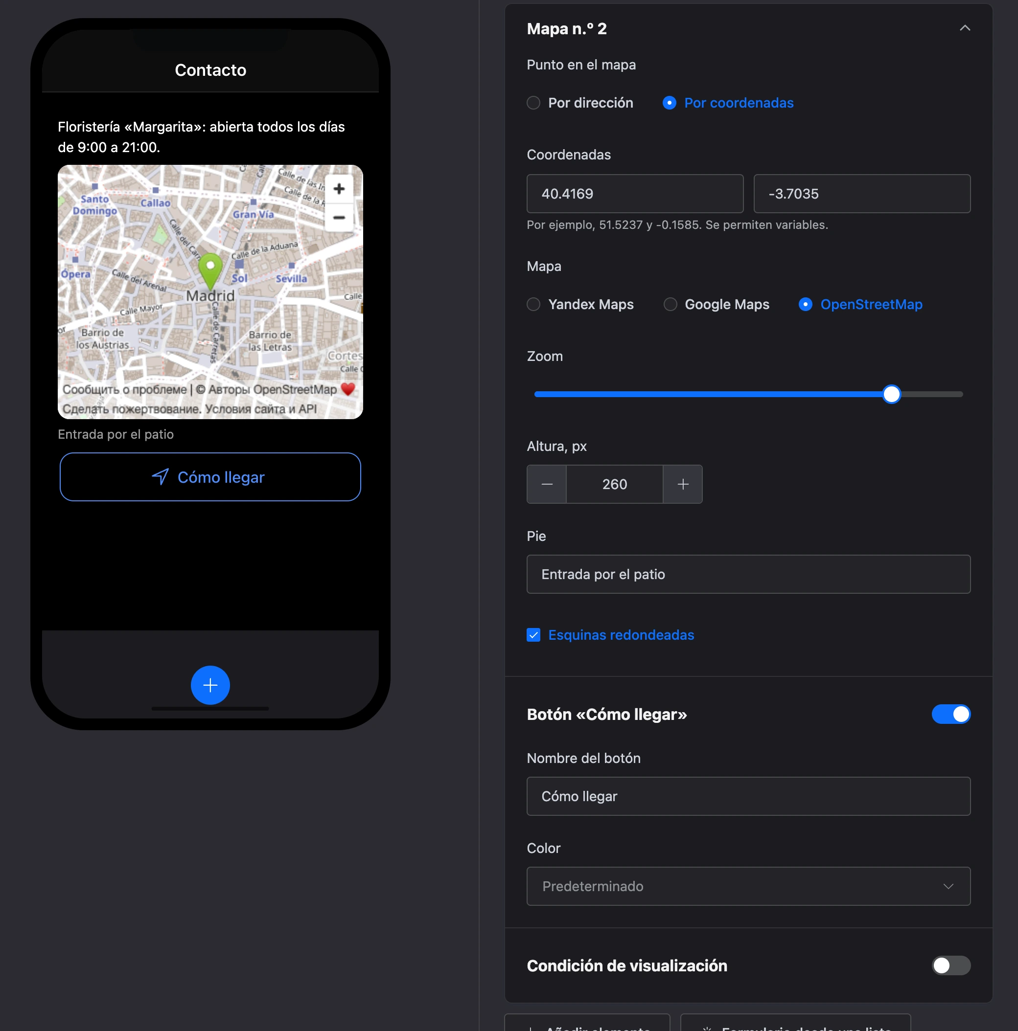 El elemento «Mapa»: un punto en el mapa, un pie y el botón «Cómo llegar», y la configuración del elemento