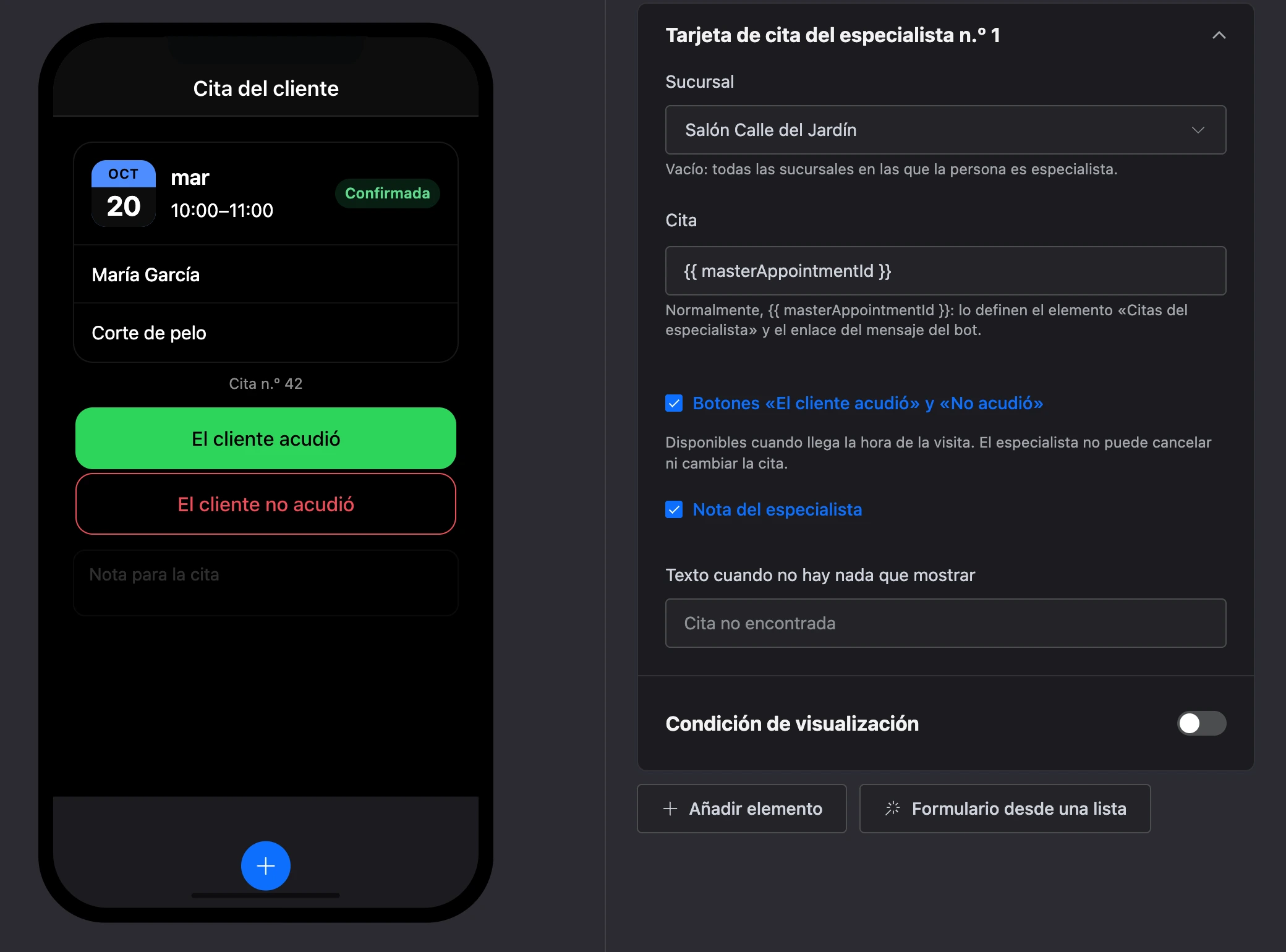 El elemento «Tarjeta de cita del especialista»: la cita de un cliente, botones de marca y una nota, y la configuración del elemento