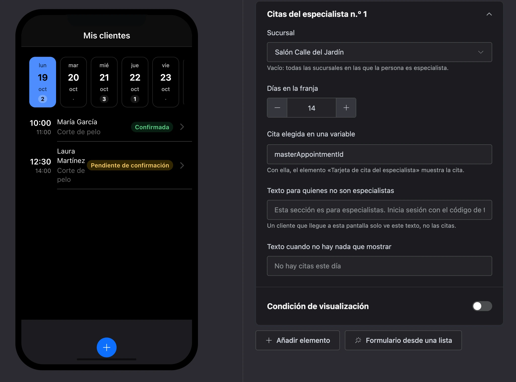 El elemento «Citas del especialista»: una franja de días y las citas del día, y la configuración del elemento