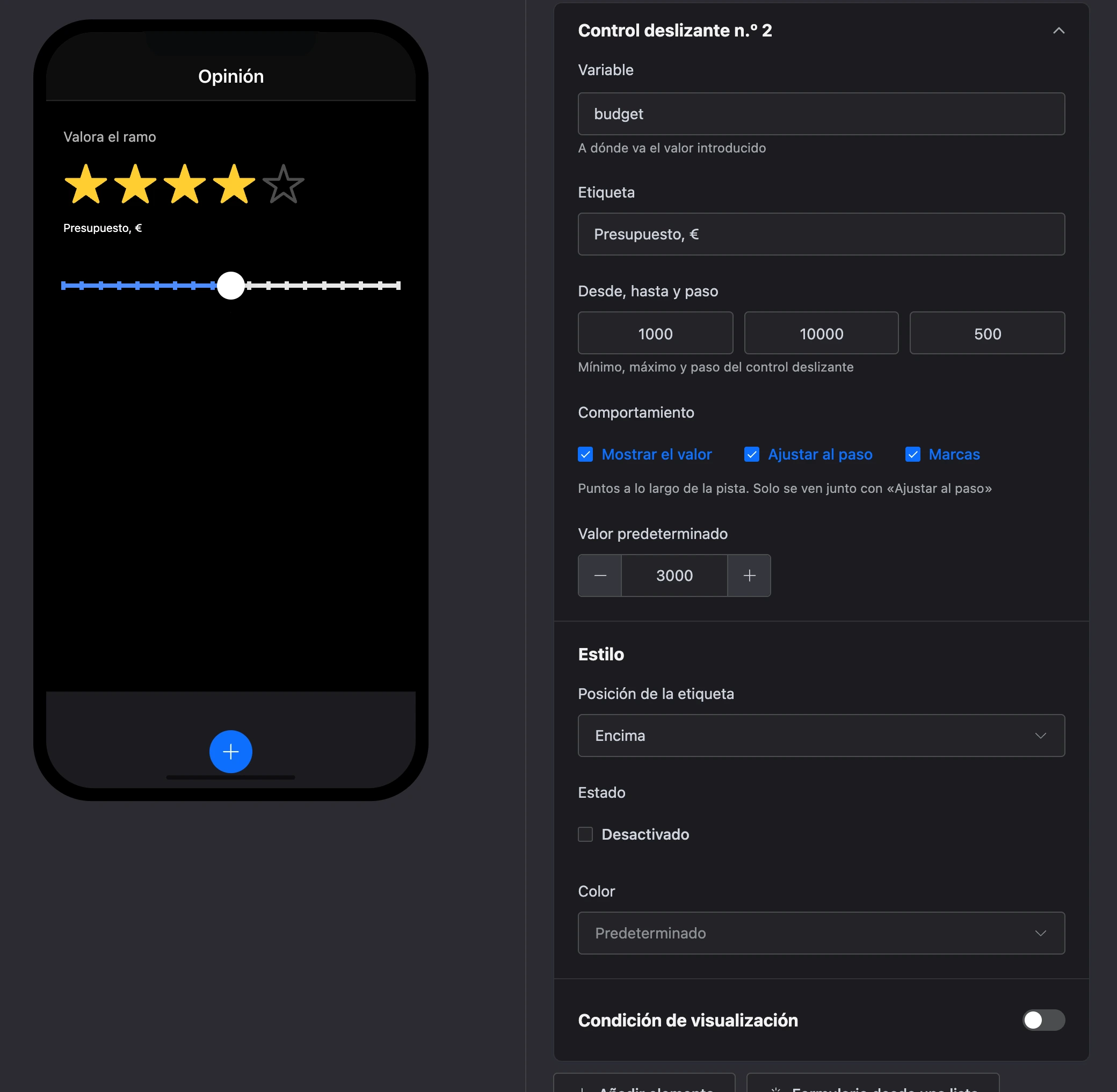 El elemento «Control deslizante»: un presupuesto con marcas en la pantalla y la configuración del elemento