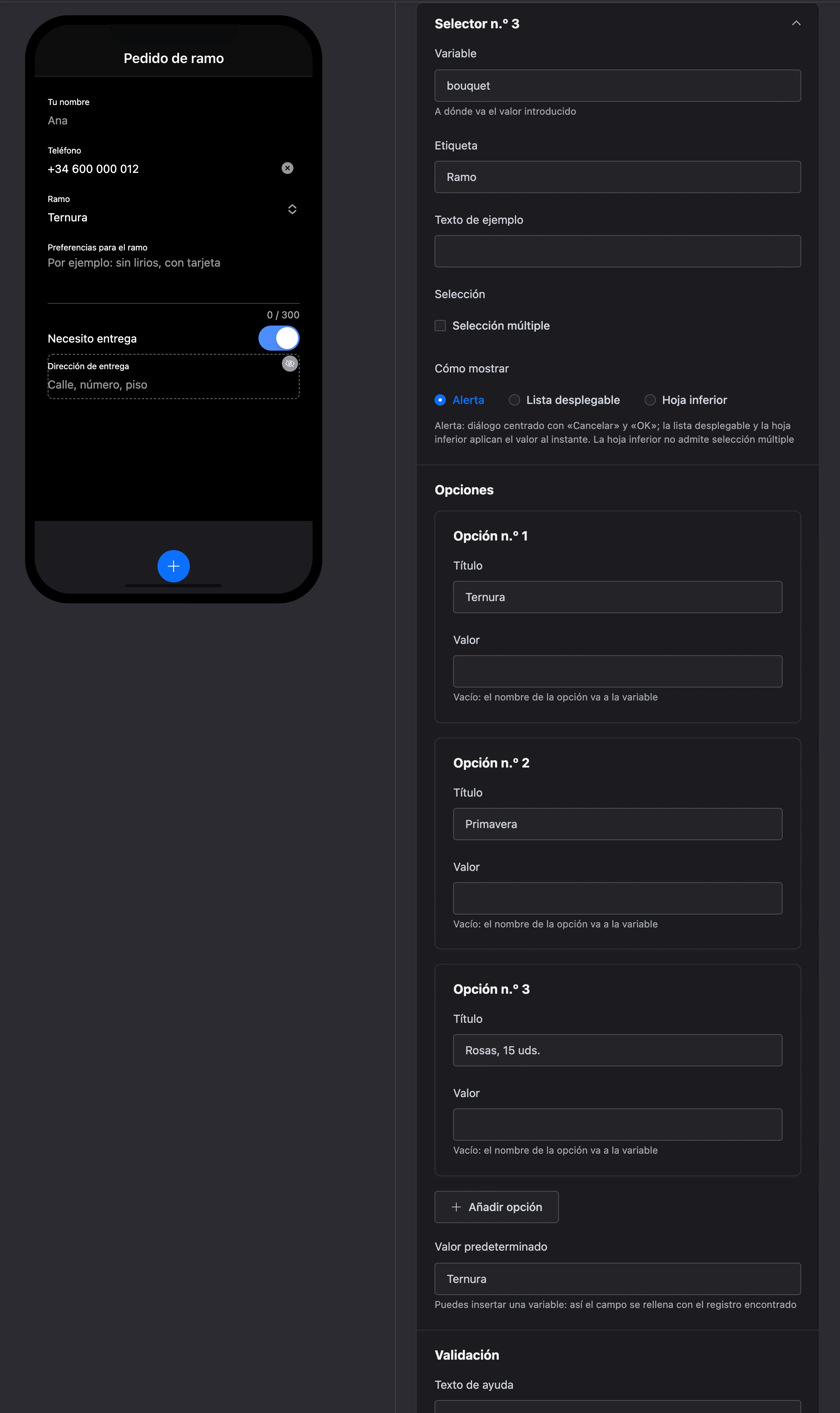 El elemento «Selector»: el campo «Ramo» en la pantalla y las opciones en la configuración