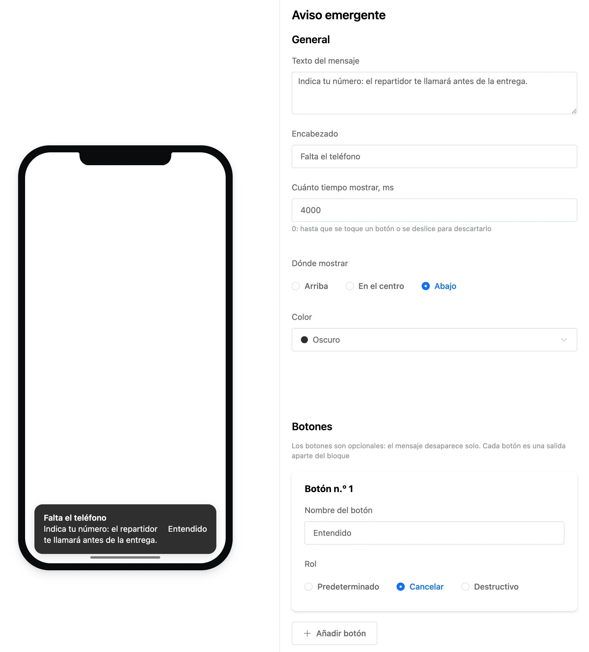 El bloque Aviso emergente: la barra en la parte inferior de la pantalla y su configuración