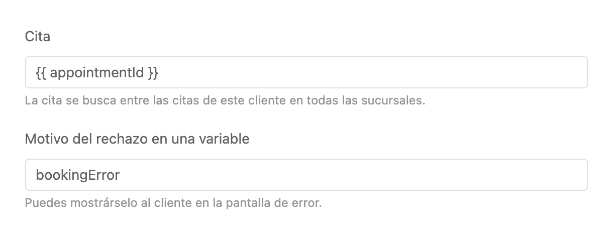 Bloque Cancelar cita: la cita desde una variable y el motivo del rechazo