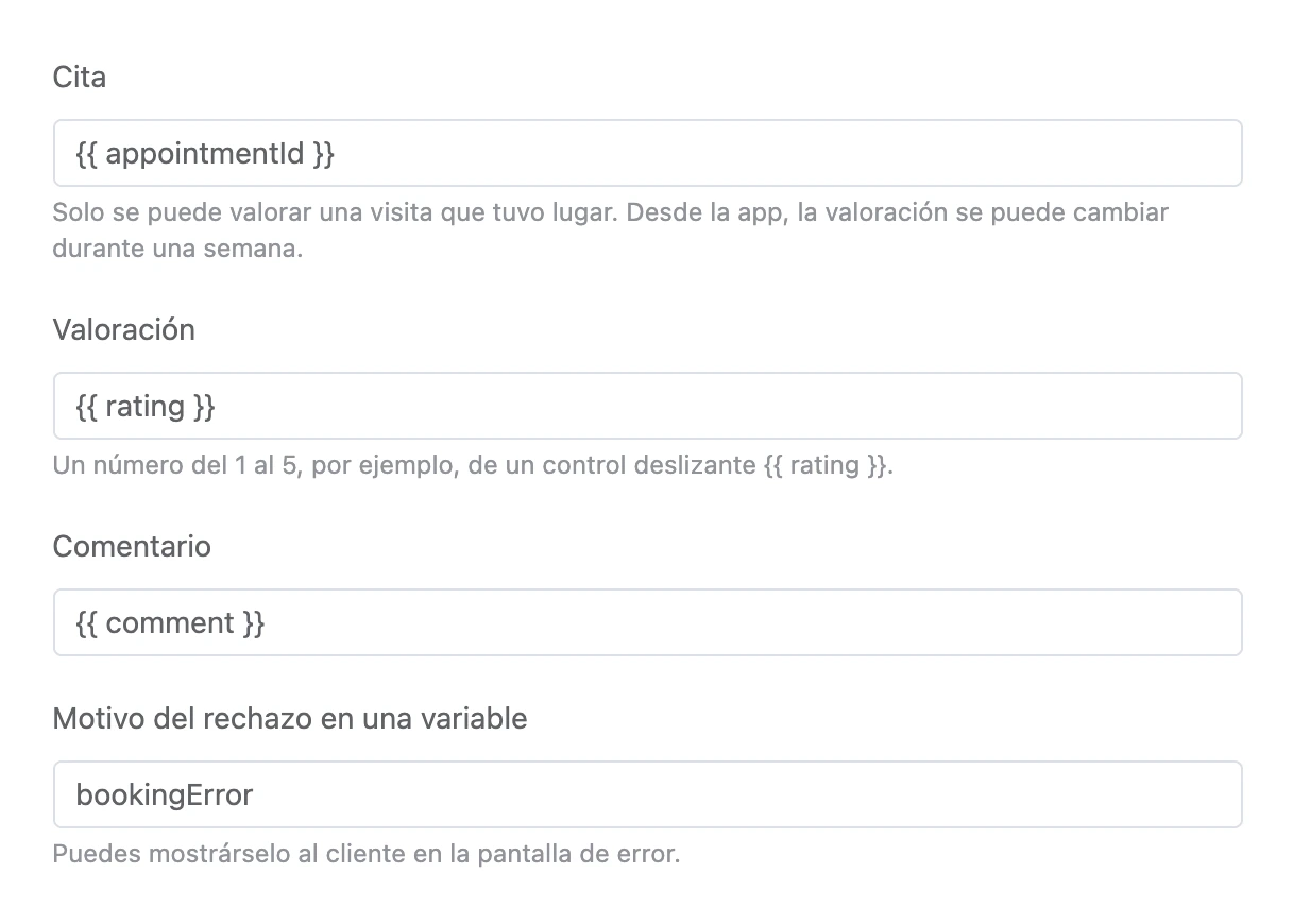 Bloque Valorar la visita: la cita, la valoración y el comentario desde variables