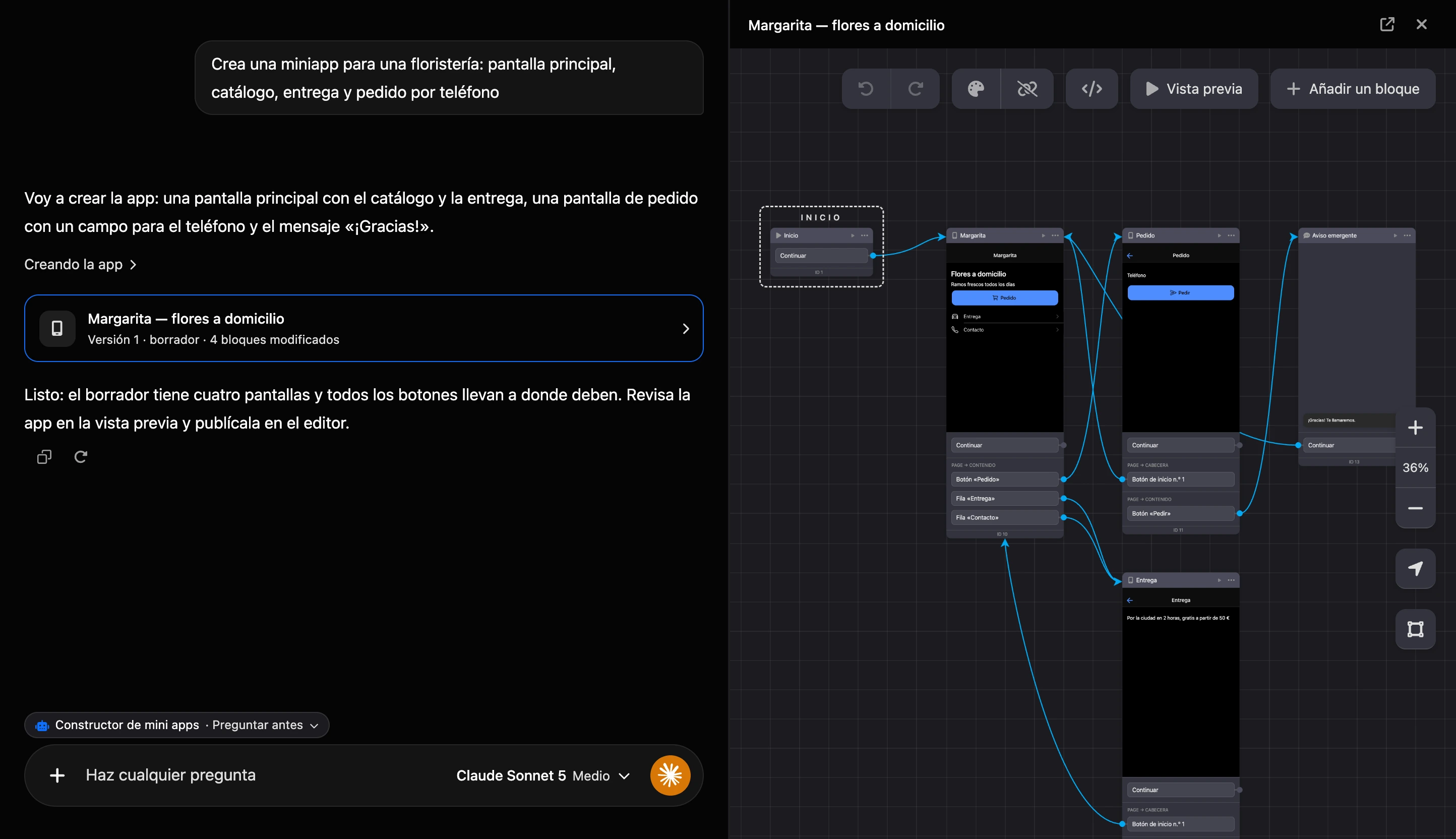 Creación en el chat de IA: la tarjeta de la app en la conversación y el esquema de la app a la derecha