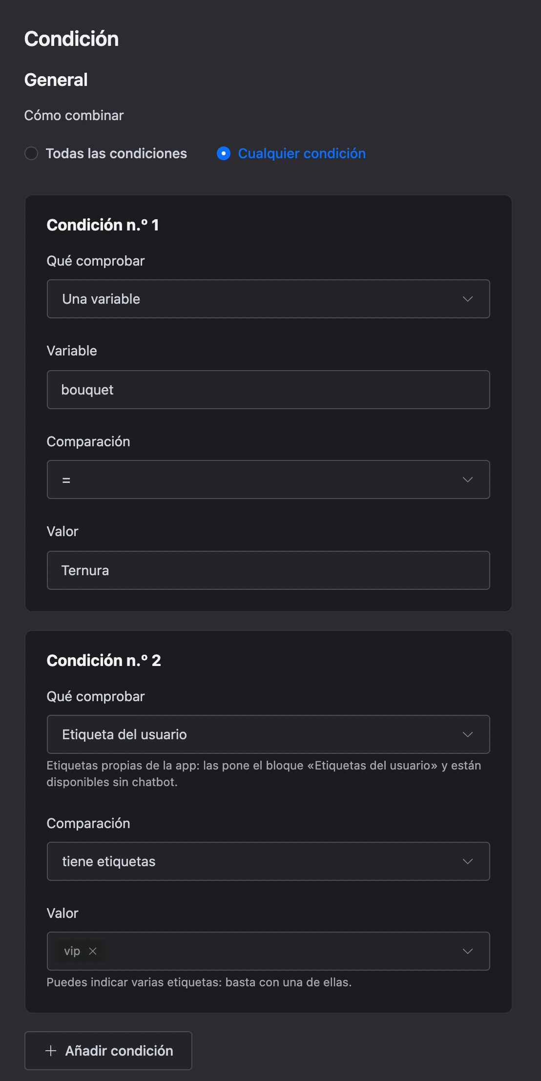 Configuración del bloque Condición: una variable y una etiqueta del usuario