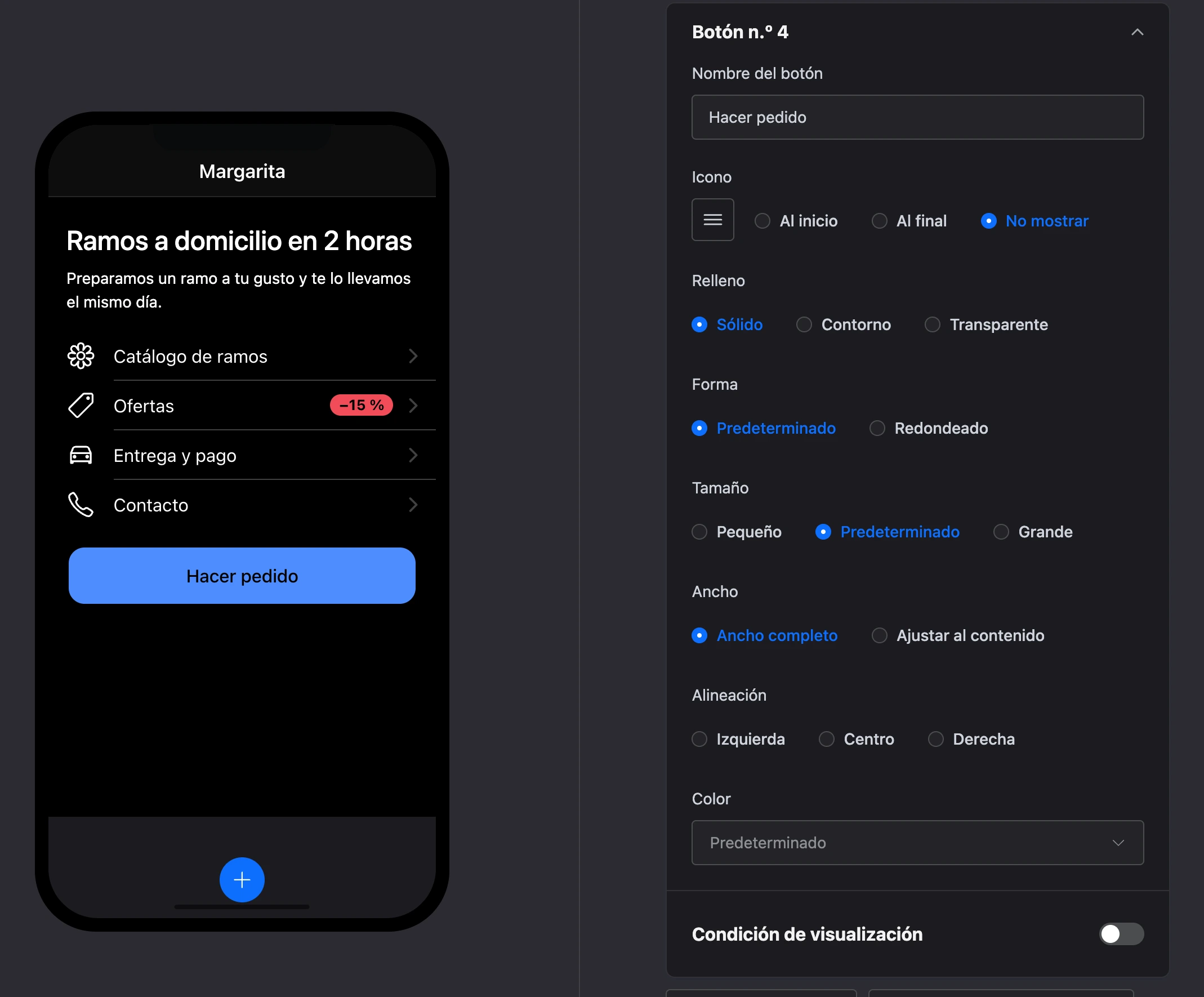 Editor de pantallas: al hacer clic en el botón del teléfono se abrió su configuración