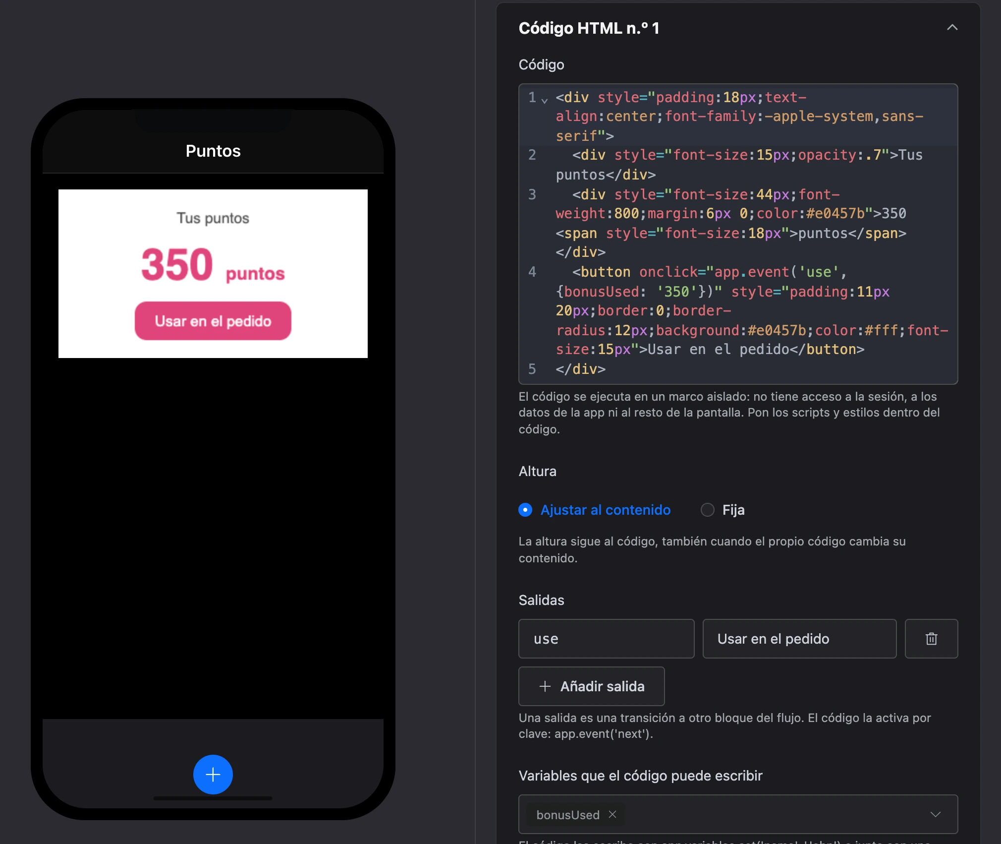 Elemento Código HTML: código, salidas y variables