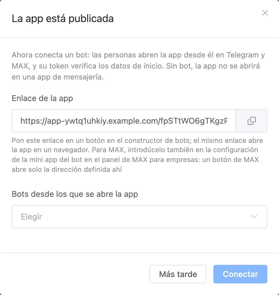 La ventana «La app está publicada»: enlace y elección de bots