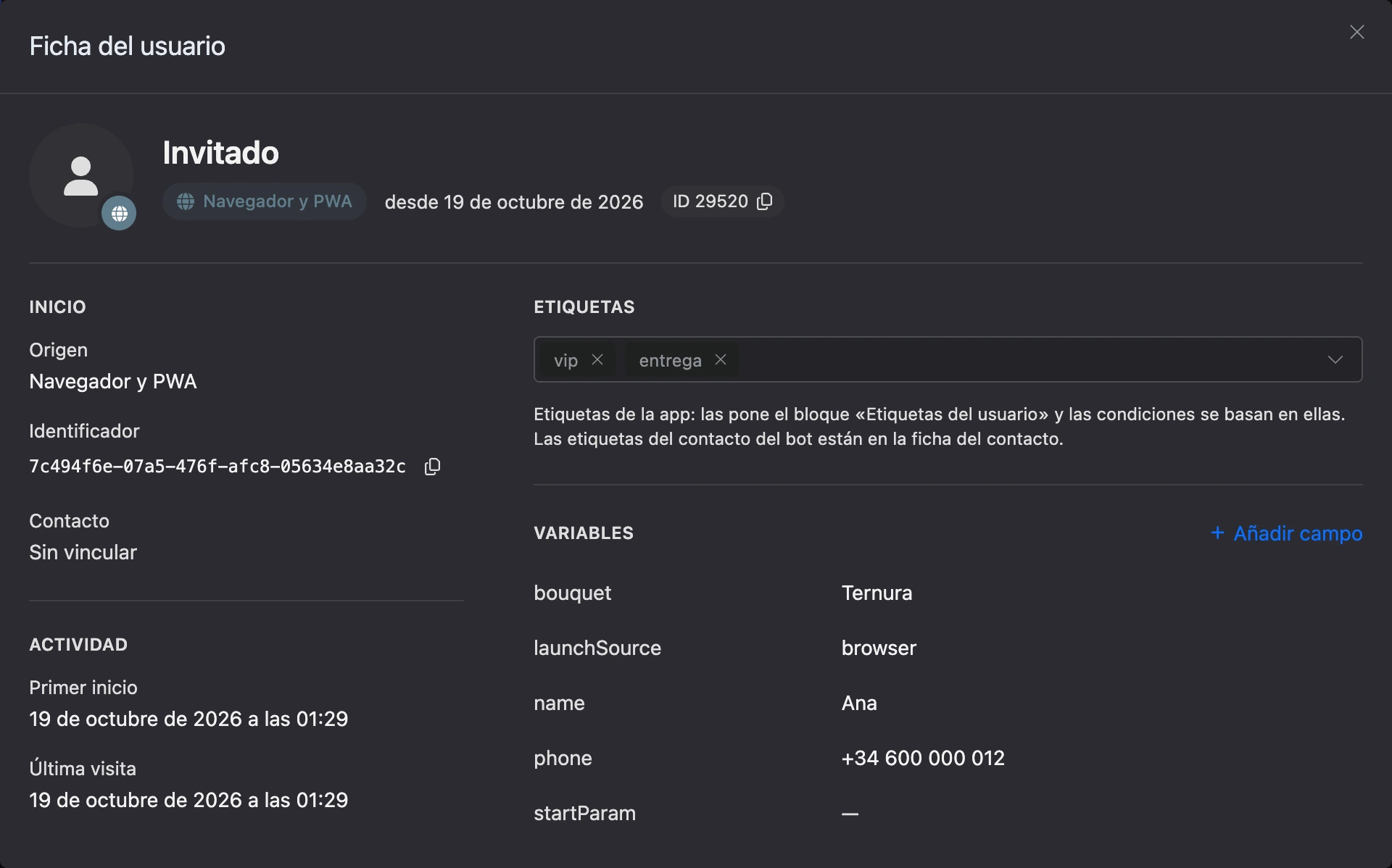 Ficha del usuario: inicio, actividad, etiquetas y variables