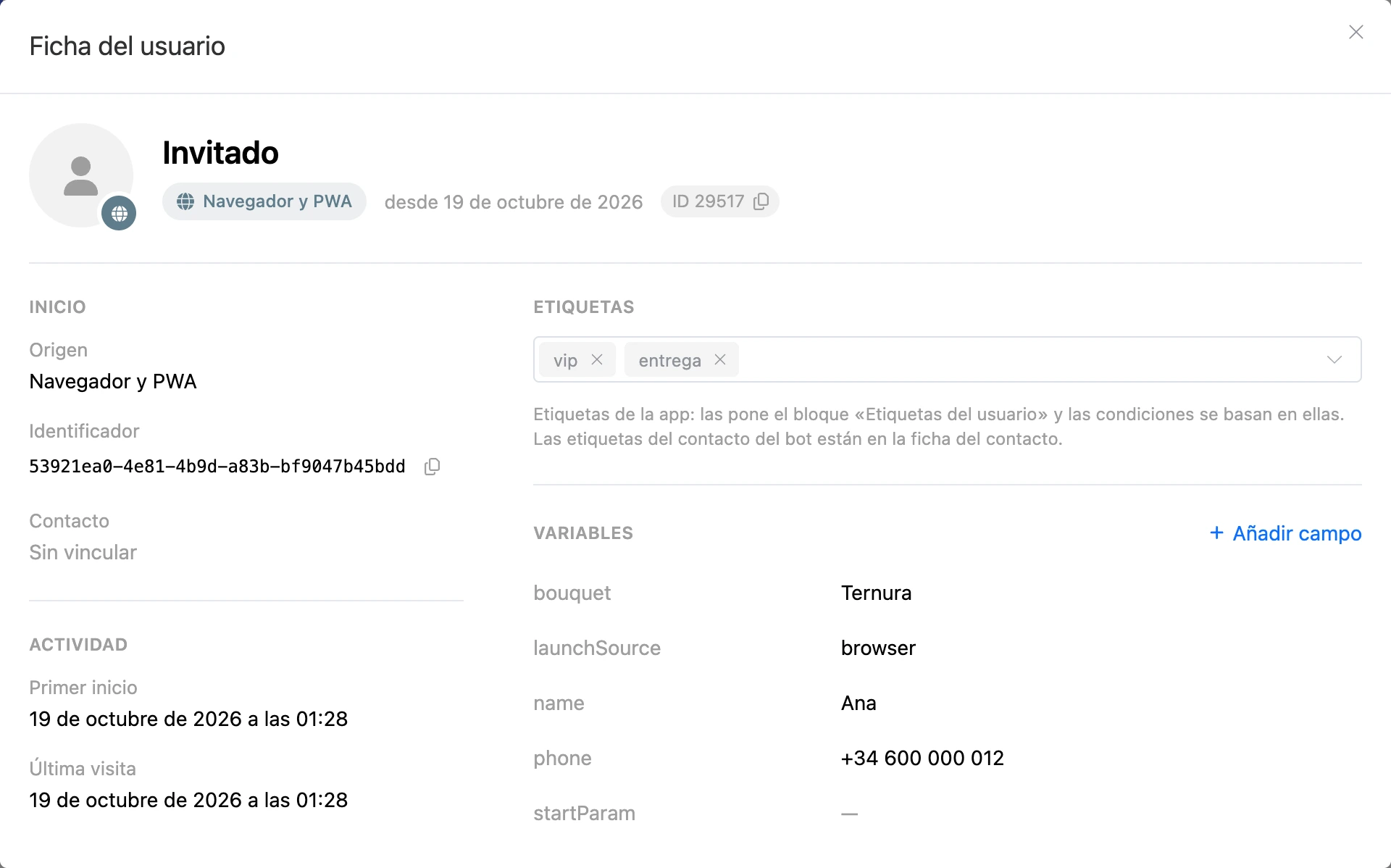 Ficha del usuario: inicio, actividad, etiquetas y variables