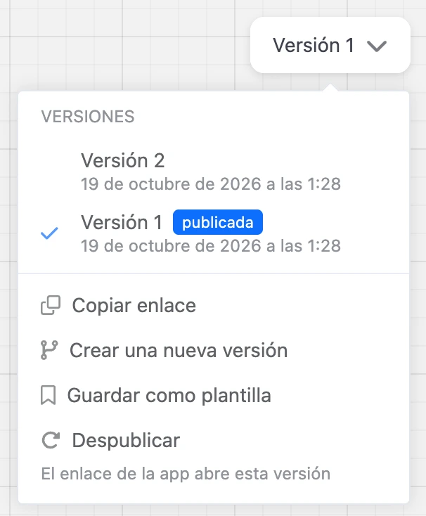 Menú Versiones: la versión publicada y una nueva