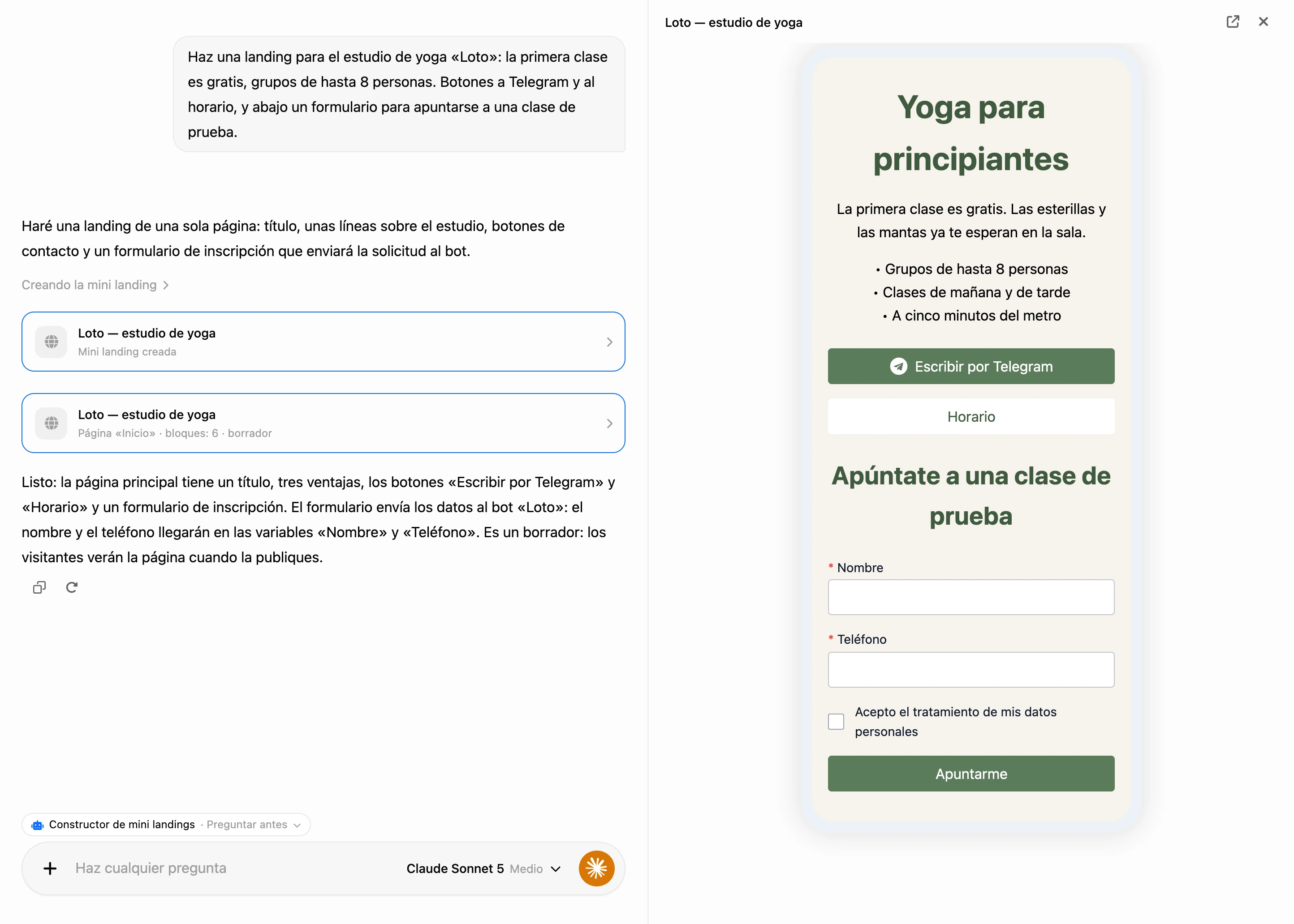 Creación en el chat de IA: tarjetas de la landing en la conversación y el borrador de la página a la derecha