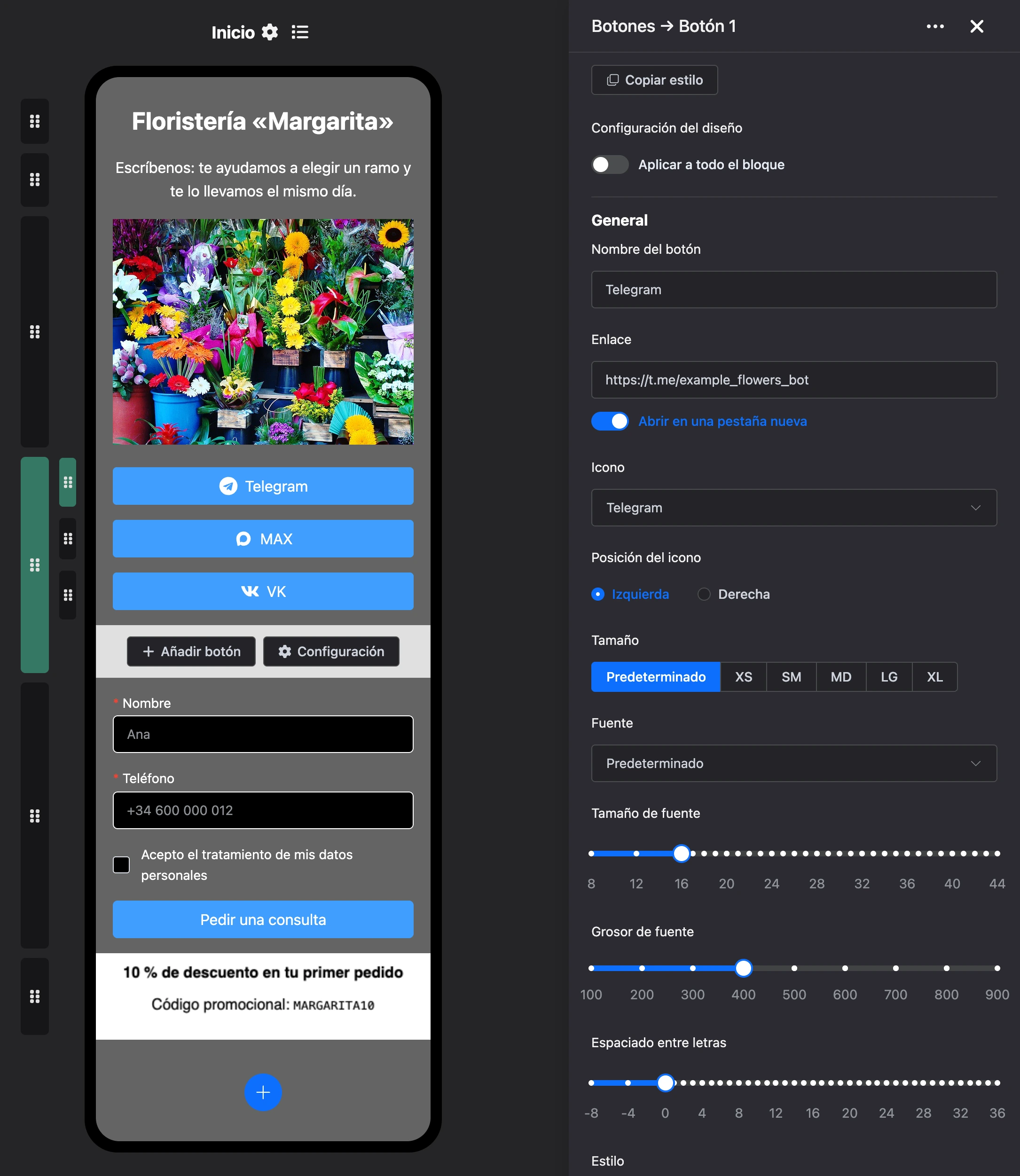 Configuración de un botón del bloque Botones