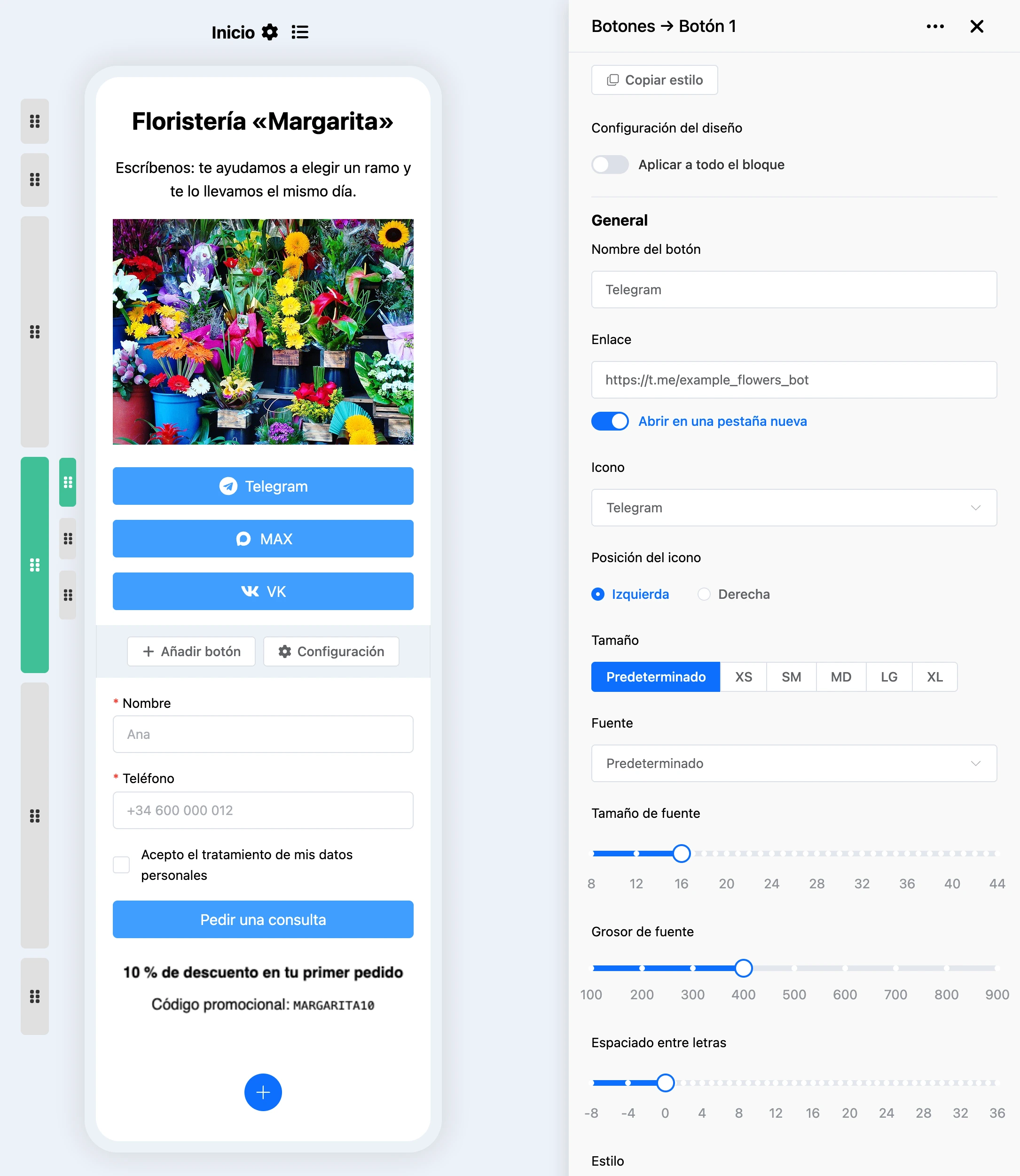 Configuración de un botón del bloque Botones