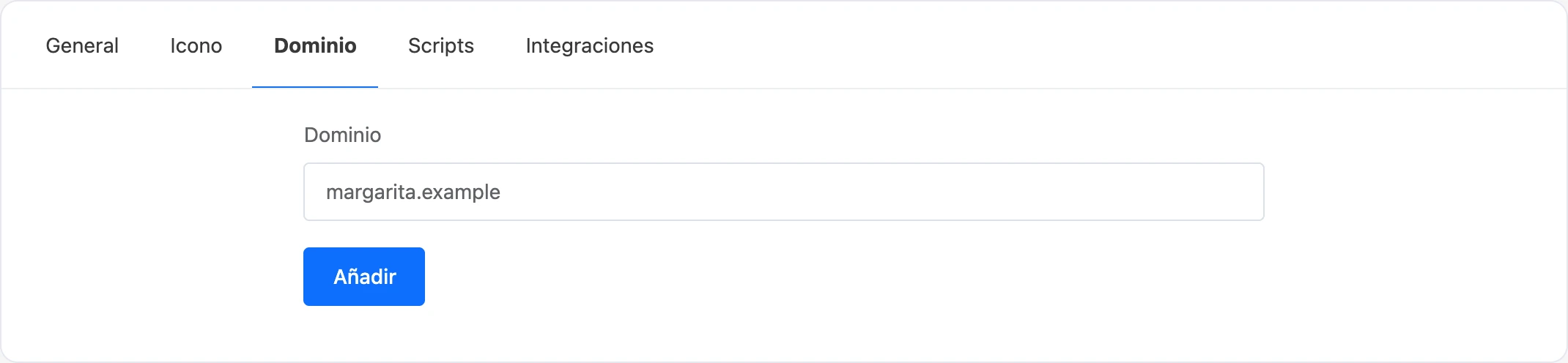 La pestaña Dominio con un dominio escrito