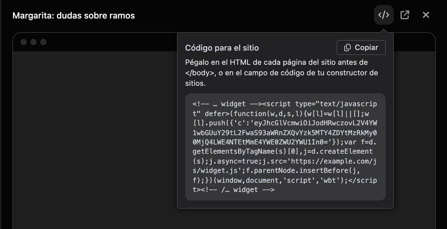 El cuadro «Código para el sitio» en el panel del widget