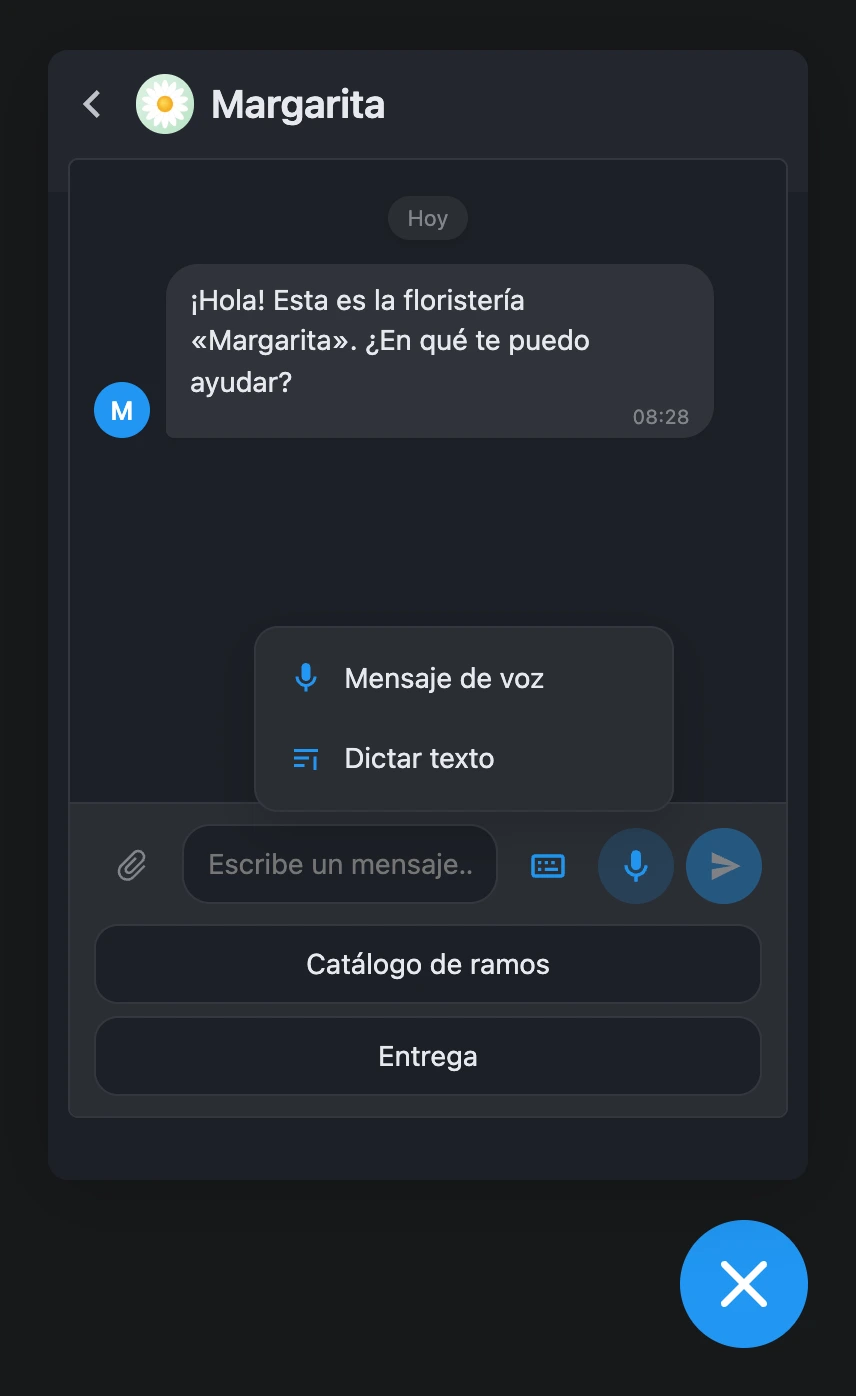 El chat en un sitio: el icono del widget en el encabezado y el menú del micrófono, grabar un mensaje de voz o dictar texto