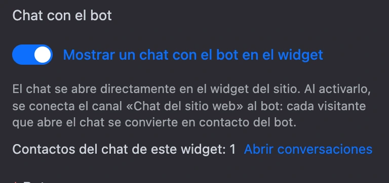 El interruptor «Mostrar un chat con el bot en el widget», la explicación debajo y el contador de contactos del chat